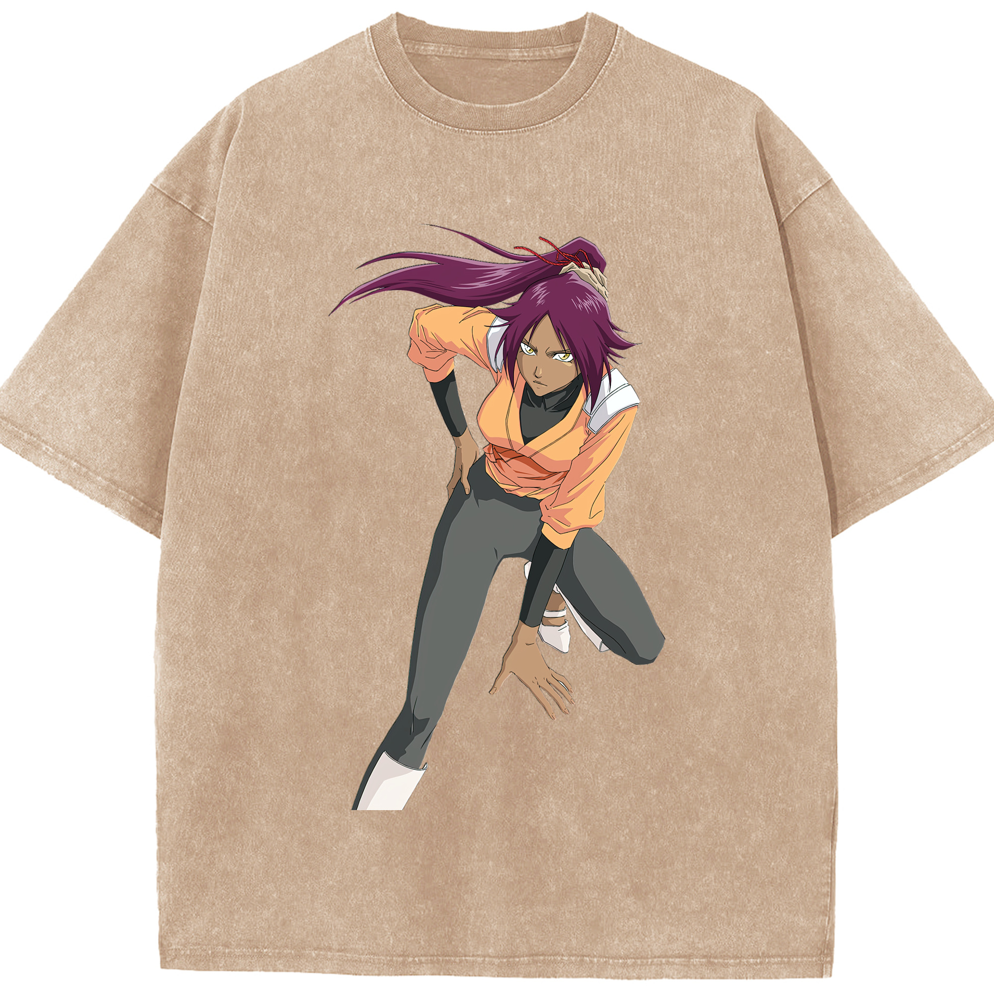 （画像用） ブリーチ 四楓院 夜一（しほういん よるいち） BLEACH Shihouin Yoruichi 綿100% ヴィンテージ風 半袖Tシャツ（フロントプリント）