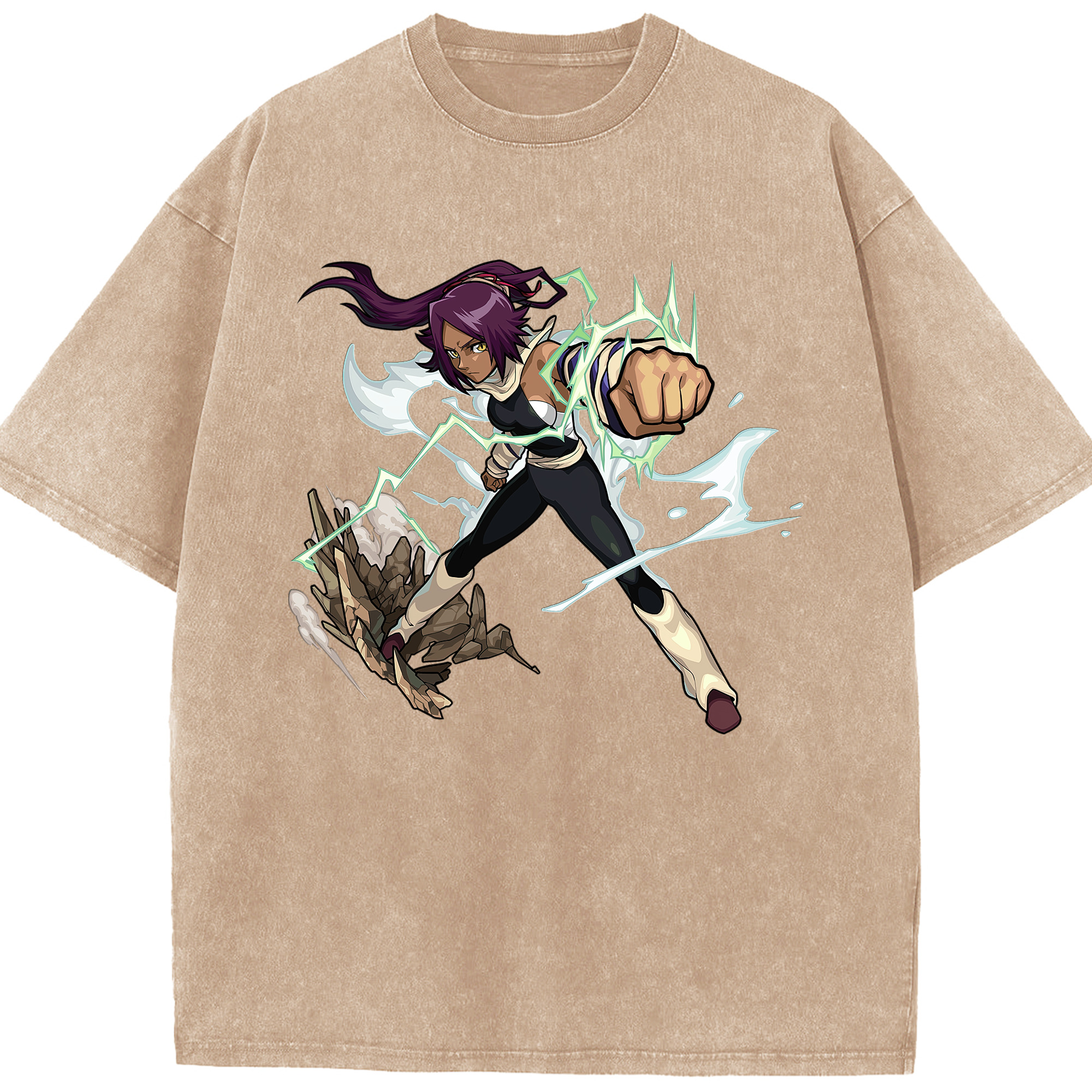 （画像用） ブリーチ 四楓院 夜一（しほういん よるいち） BLEACH Shihouin Yoruichi 綿100% ヴィンテージ風 半袖Tシャツ（フロントプリント）