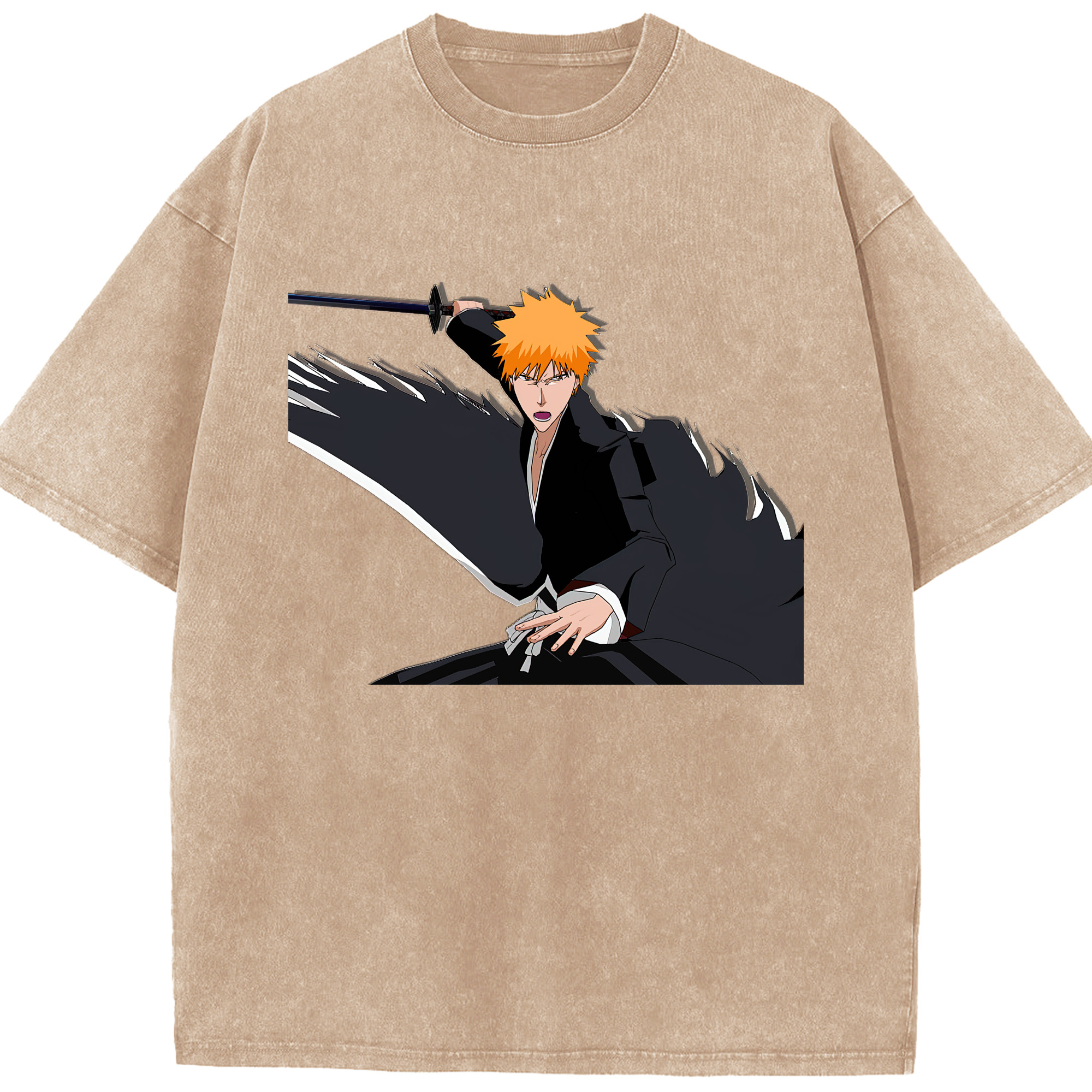 （画像用） ブリーチ 黒崎一護（くろさき いちご）BLEACH Kurosaki Ichigo 綿100% ヴィンテージ風 半袖Tシャツ（フロントプリント）