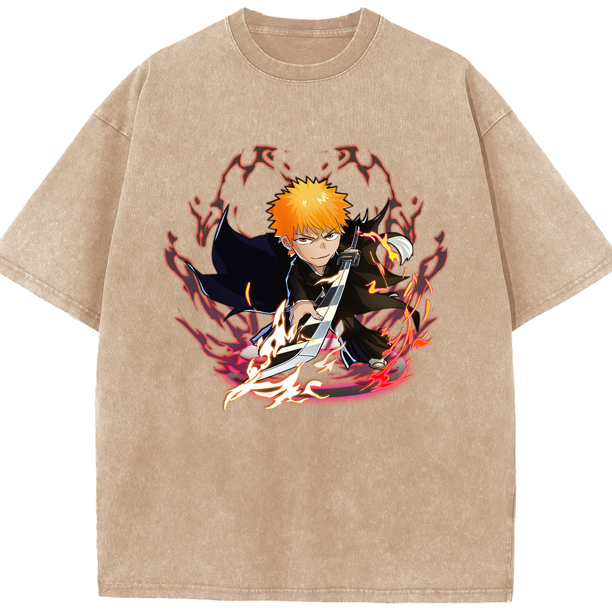 （画像用） ブリーチ 黒崎一護（くろさき いちご）BLEACH Kurosaki Ichigo 綿100% ヴィンテージ風 半袖Tシャツ（フロントプリント）
