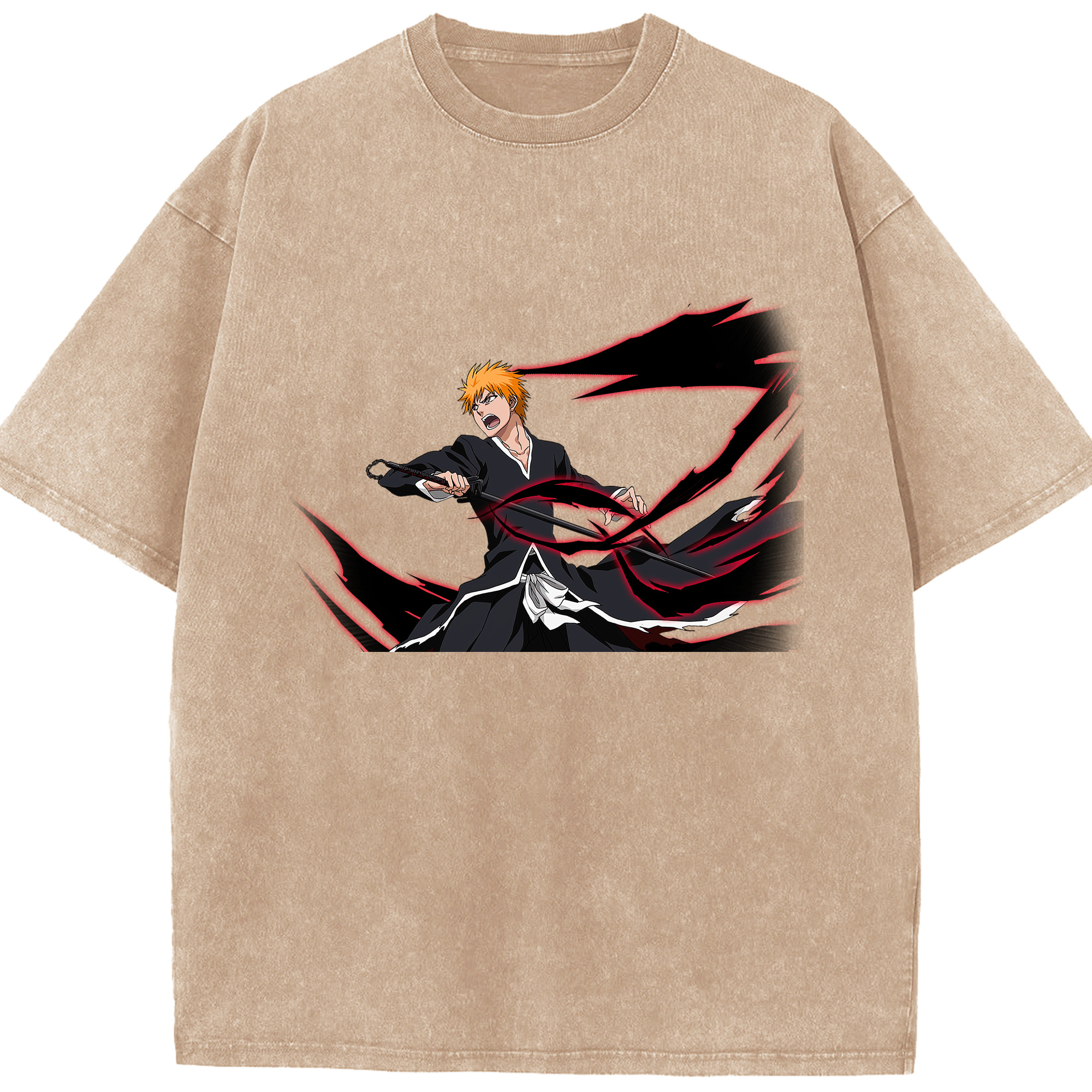 （画像用） ブリーチ 黒崎一護（くろさき いちご）BLEACH Kurosaki Ichigo 綿100% ヴィンテージ風 半袖Tシャツ（フロントプリント）