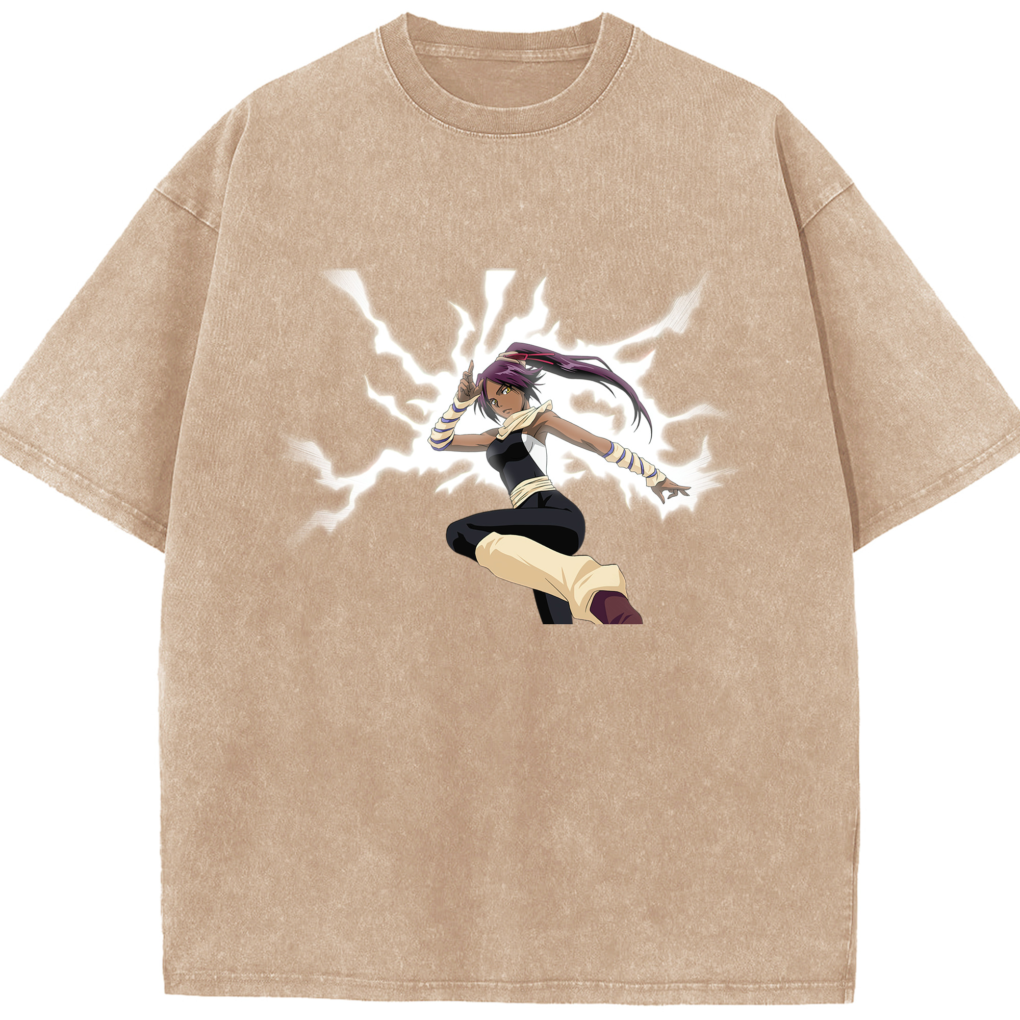 （画像用） ブリーチ 四楓院 夜一（しほういん よるいち） BLEACH Shihouin Yoruichi 綿100% ヴィンテージ風 半袖Tシャツ（フロントプリント）