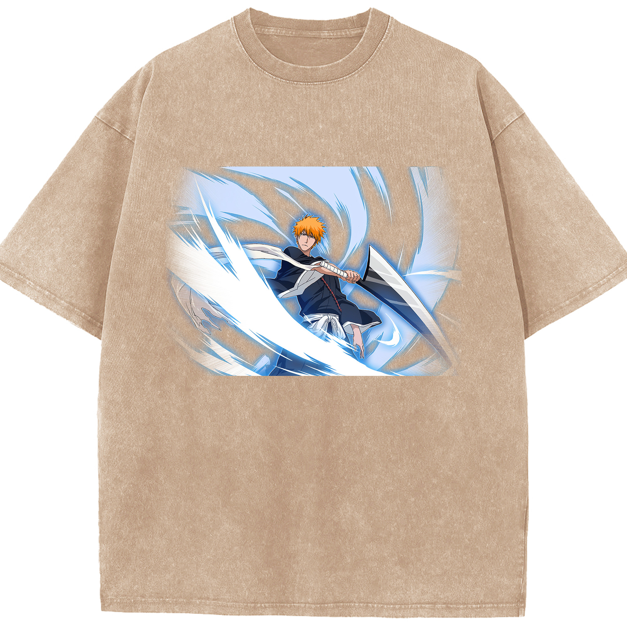 （画像用） ブリーチ 黒崎一護（くろさき いちご）BLEACH Kurosaki Ichigo 綿100% ヴィンテージ風 半袖Tシャツ（フロントプリント）