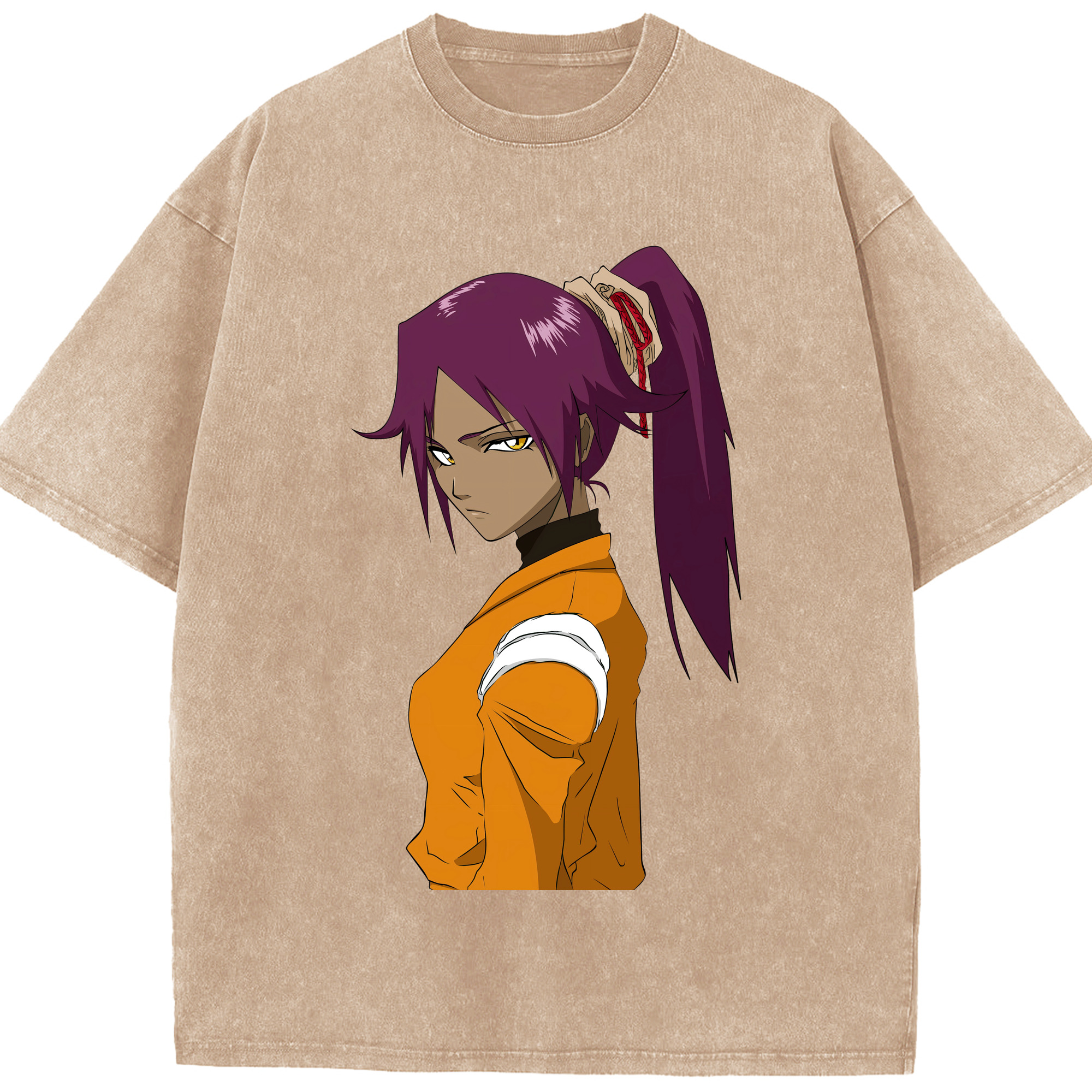 （画像用） ブリーチ 四楓院 夜一（しほういん よるいち） BLEACH Shihouin Yoruichi 綿100% ヴィンテージ風 半袖Tシャツ（フロントプリント）