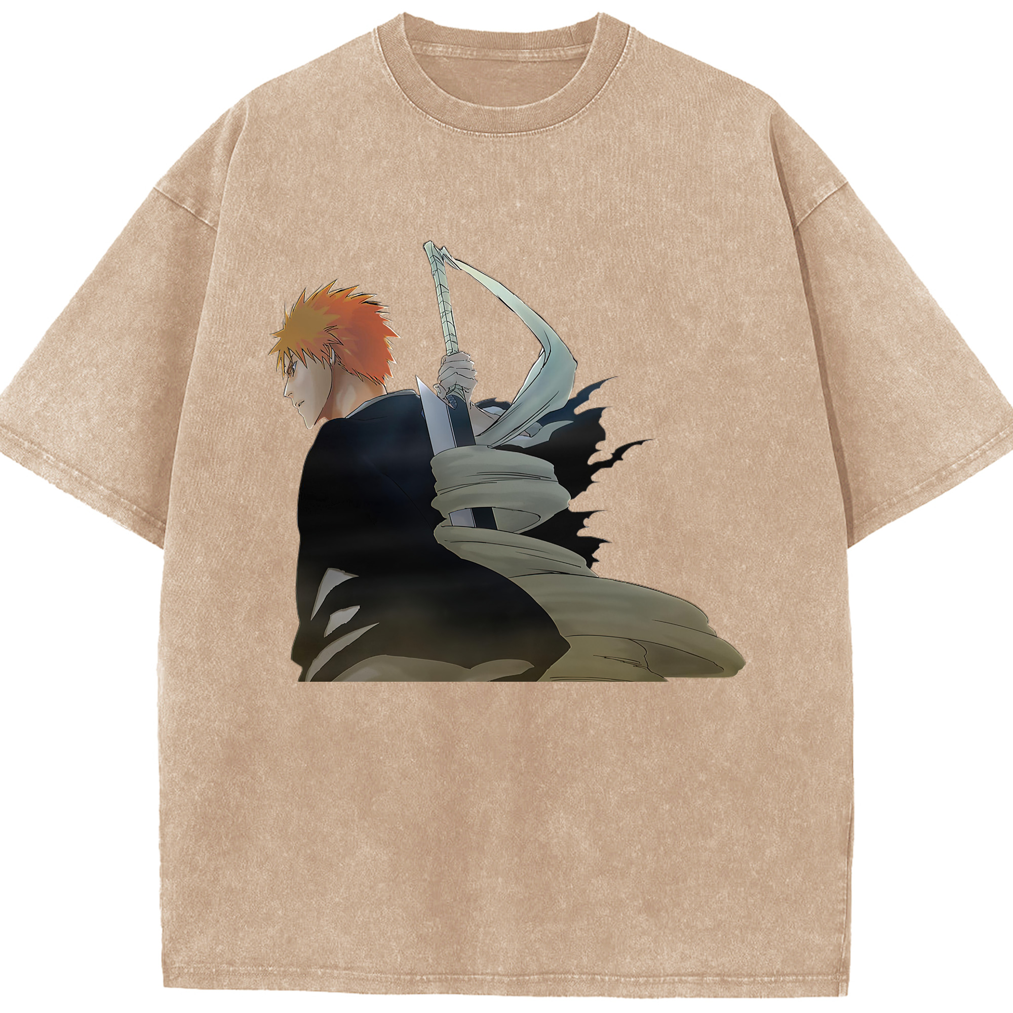 （画像用） ブリーチ 黒崎一護（くろさき いちご）BLEACH Kurosaki Ichigo 綿100% ヴィンテージ風 半袖Tシャツ（フロントプリント）