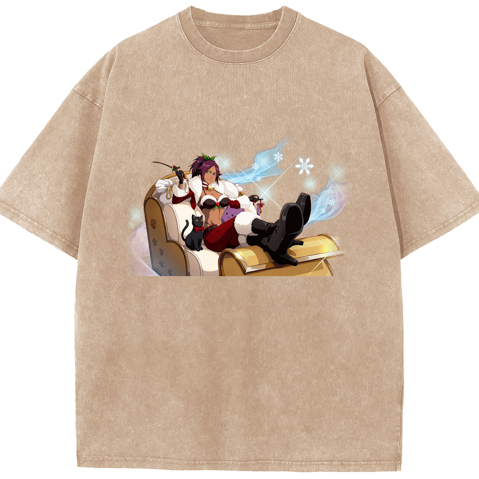 （画像用） ブリーチ 四楓院 夜一（しほういん よるいち） BLEACH Shihouin Yoruichi 綿100% ヴィンテージ風 半袖Tシャツ（フロントプリント）