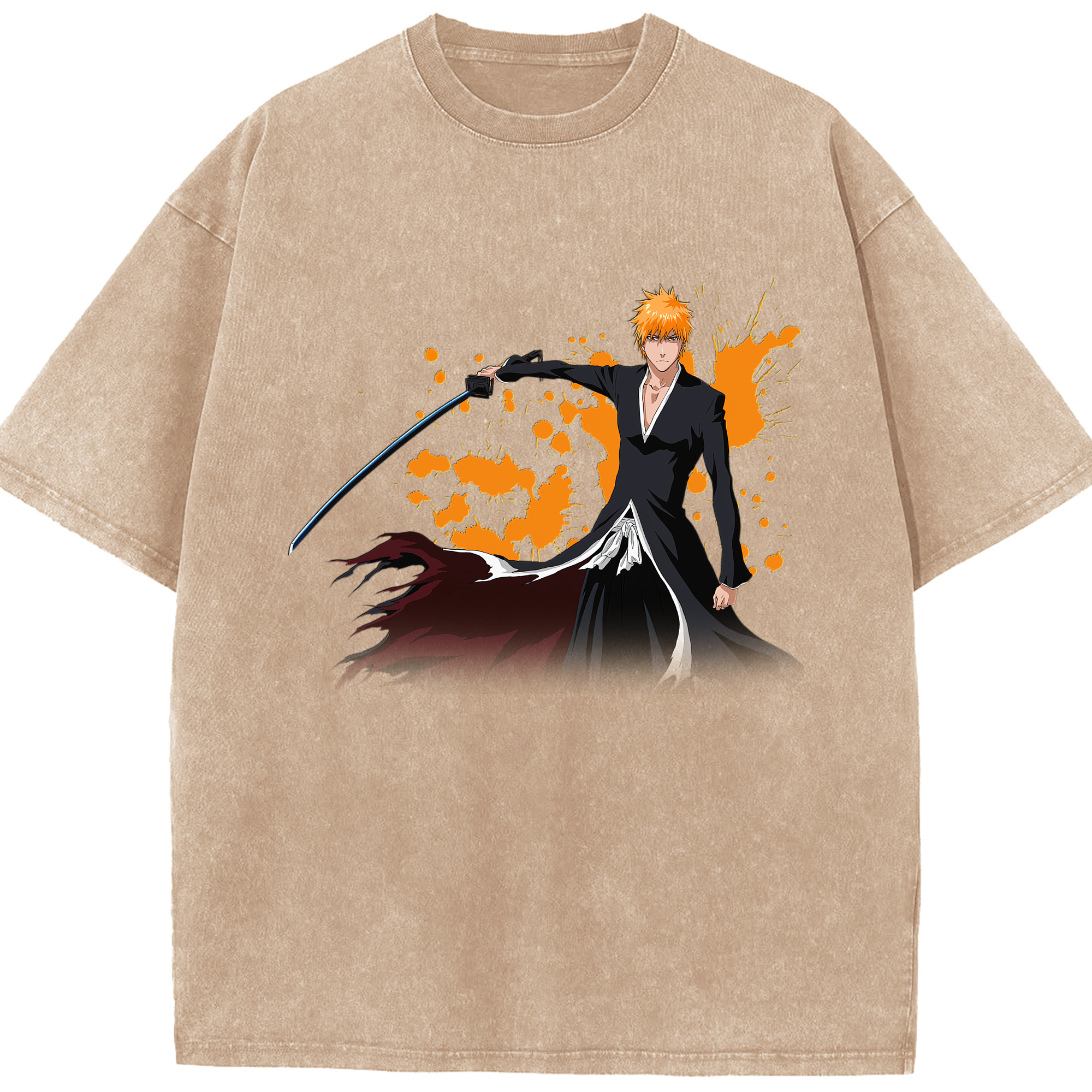 （画像用） ブリーチ 黒崎一護（くろさき いちご）BLEACH Kurosaki Ichigo 綿100% ヴィンテージ風 半袖Tシャツ（フロントプリント）