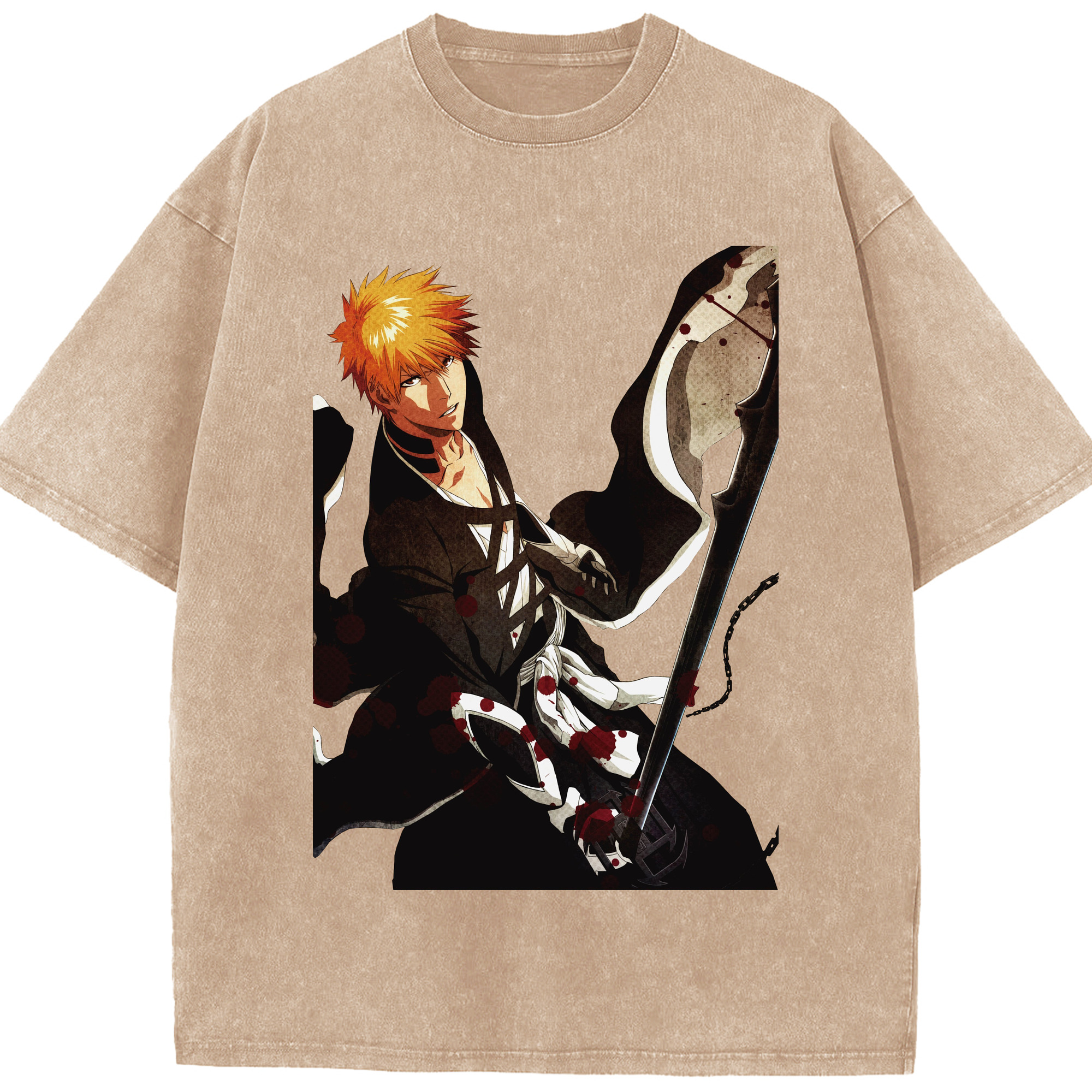 （画像用） ブリーチ 黒崎一護（くろさき いちご）BLEACH Kurosaki Ichigo 綿100% ヴィンテージ風 半袖Tシャツ（フロントプリント）