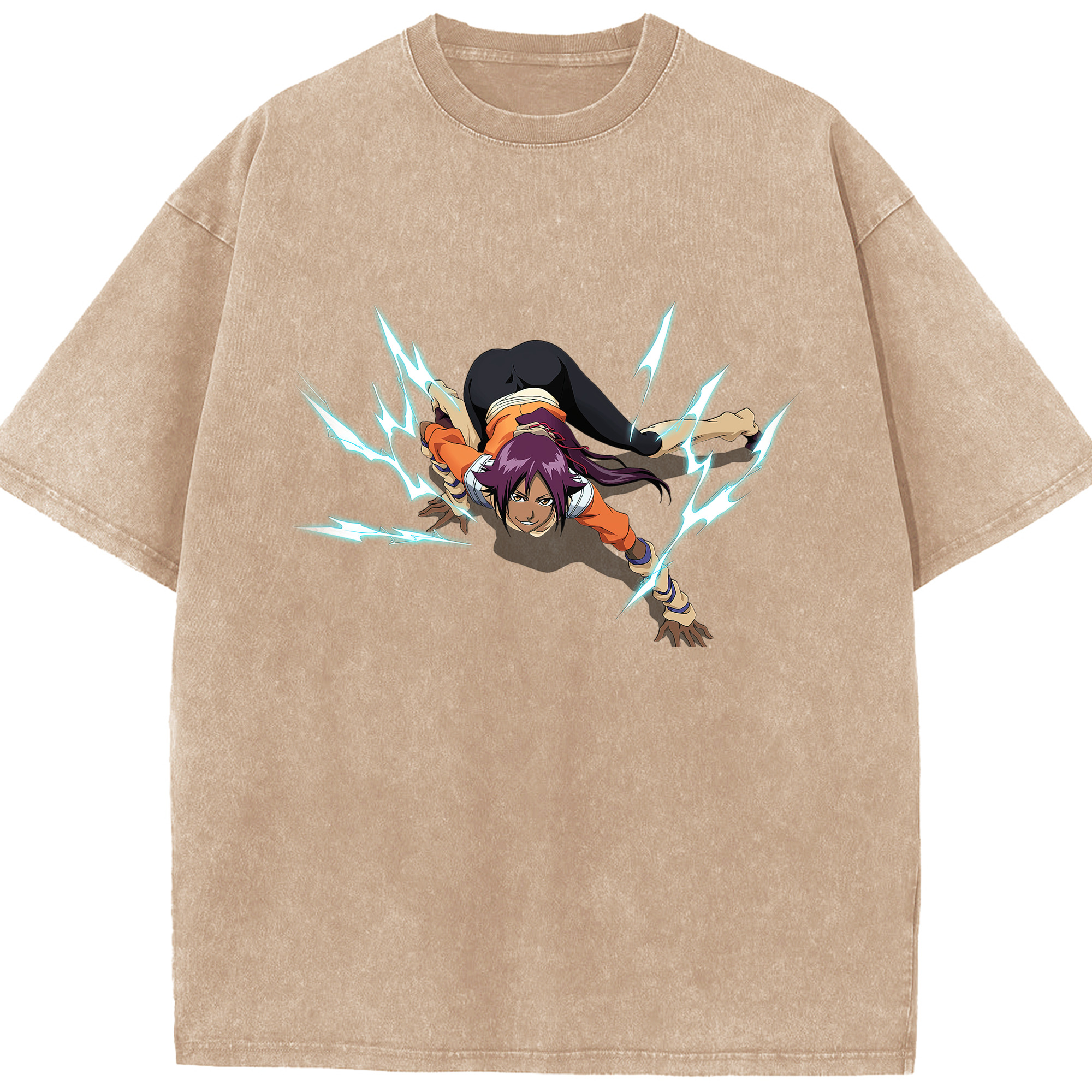 （画像用） ブリーチ 四楓院 夜一（しほういん よるいち） BLEACH Shihouin Yoruichi 綿100% ヴィンテージ風 半袖Tシャツ（フロントプリント）