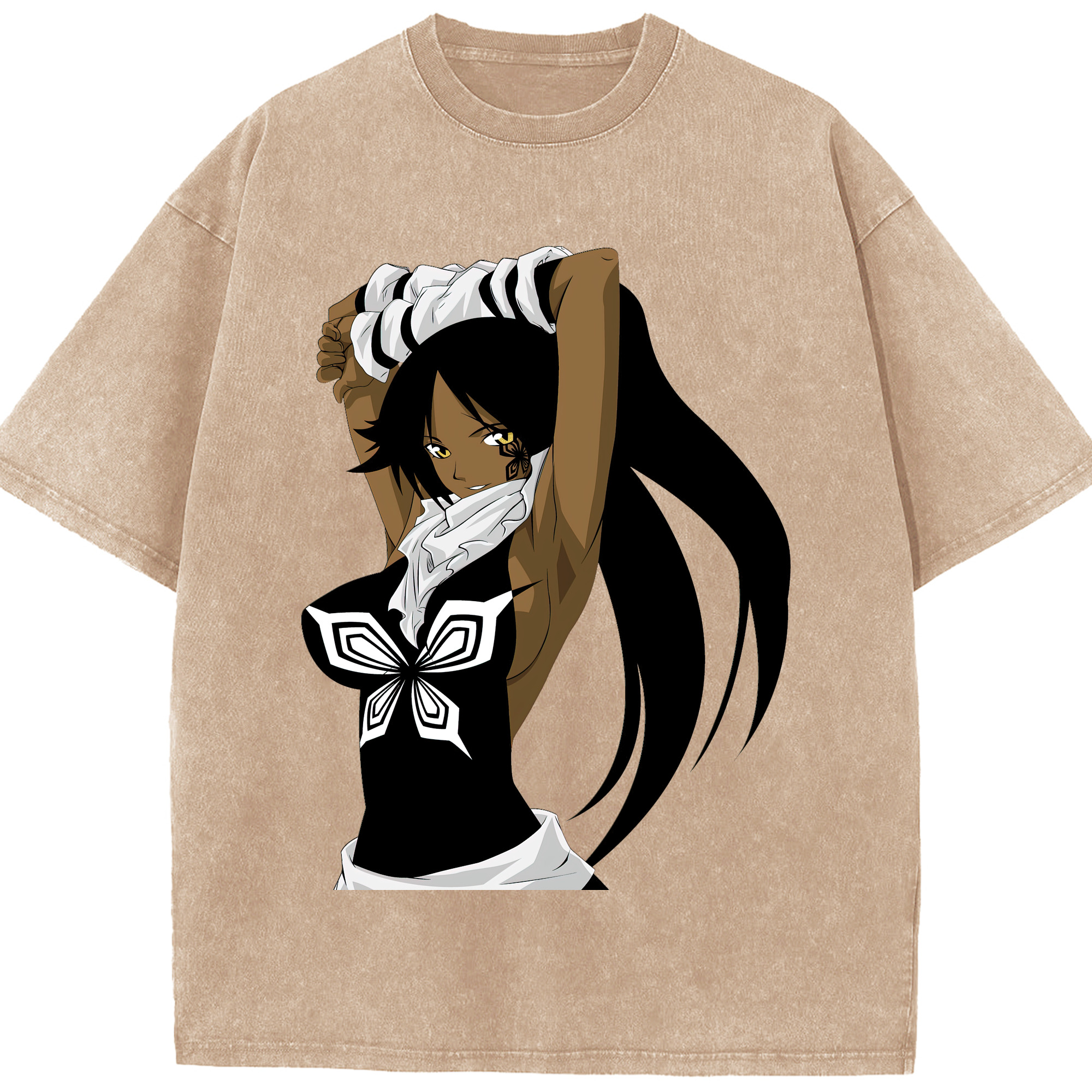 （画像用） ブリーチ 四楓院 夜一（しほういん よるいち） BLEACH Shihouin Yoruichi 綿100% ヴィンテージ風 半袖Tシャツ（フロントプリント）