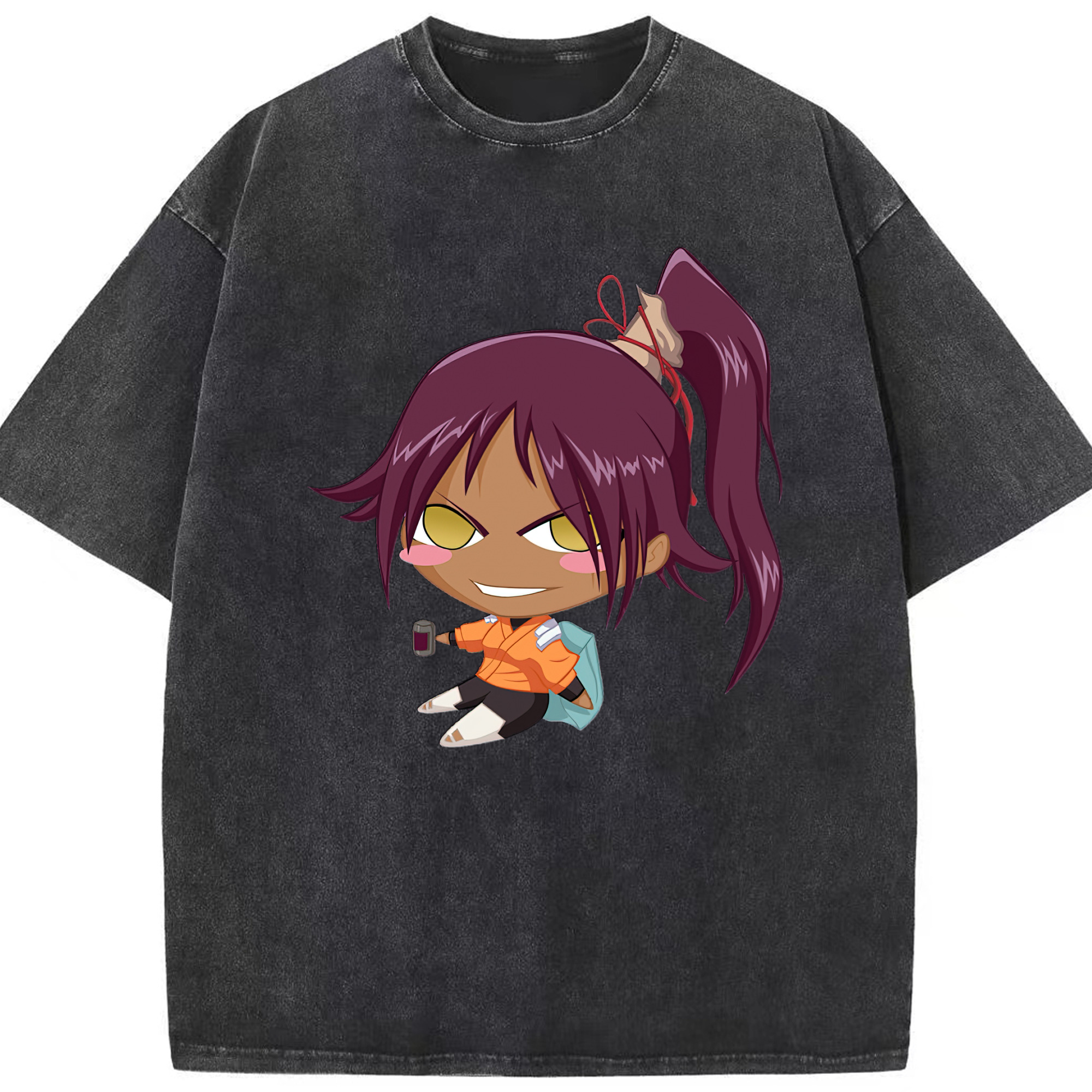 （画像用） ブリーチ 四楓院 夜一（しほういん よるいち） BLEACH Shihouin Yoruichi 綿100% ヴィンテージ風 半袖Tシャツ（フロントプリント）