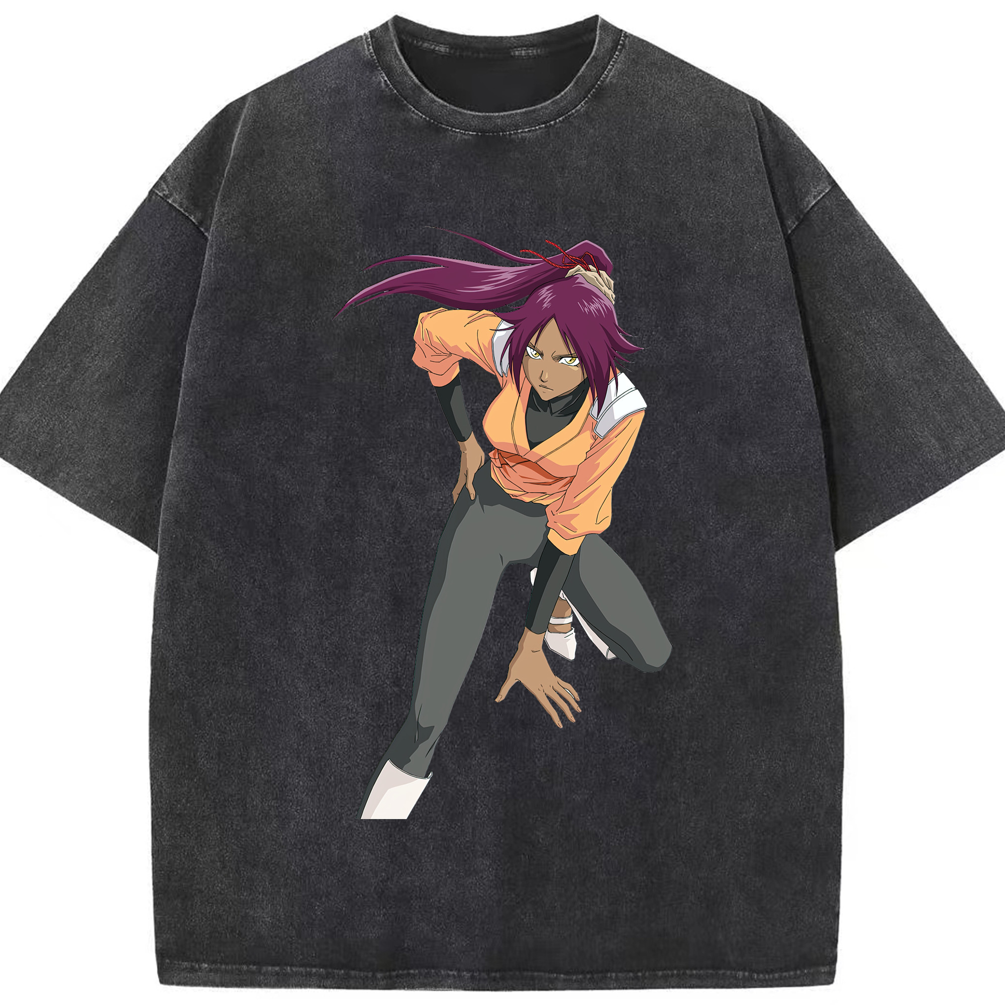 （画像用） ブリーチ 四楓院 夜一（しほういん よるいち） BLEACH Shihouin Yoruichi 綿100% ヴィンテージ風 半袖Tシャツ（フロントプリント）
