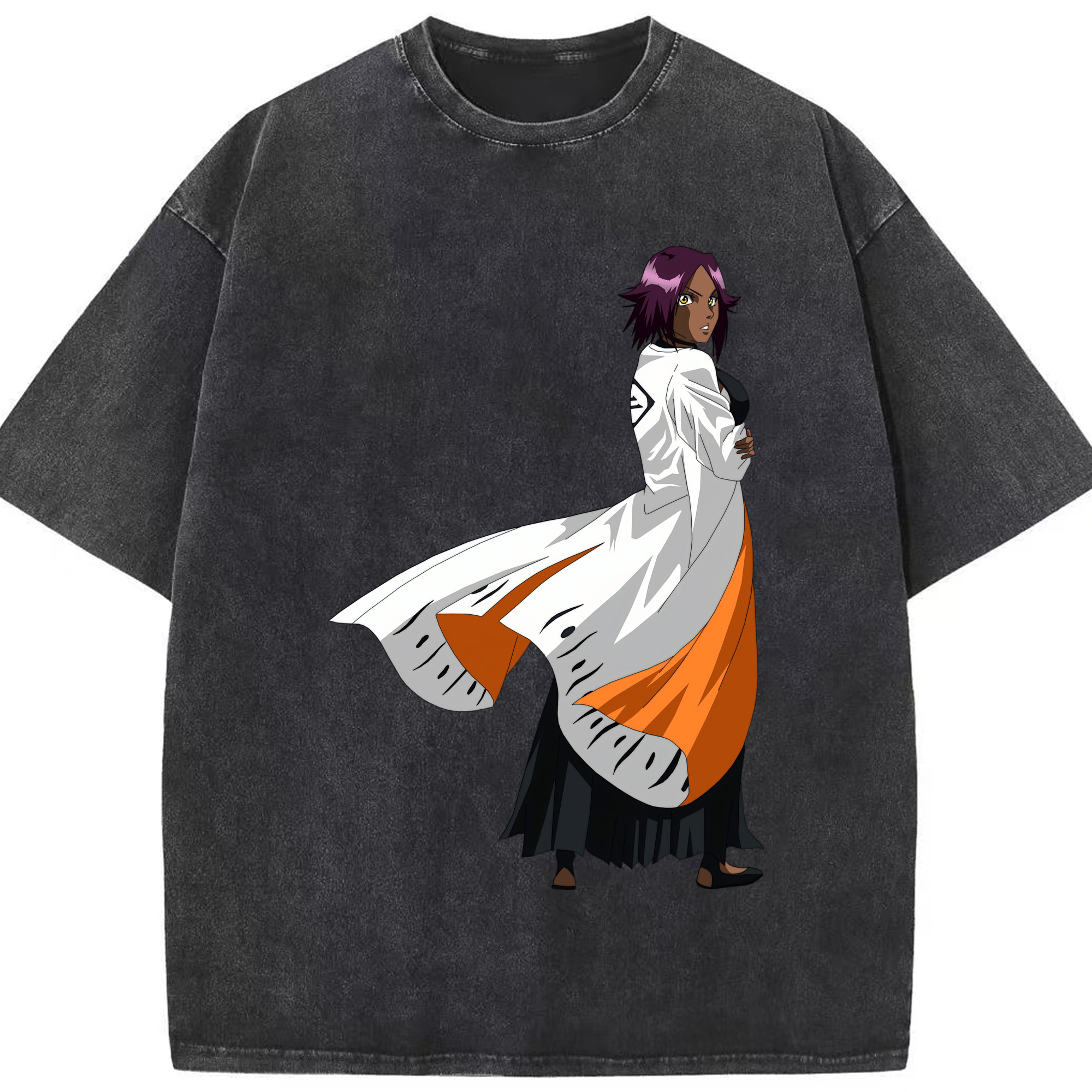 （画像用） ブリーチ 四楓院 夜一（しほういん よるいち） BLEACH Shihouin Yoruichi 綿100% ヴィンテージ風 半袖Tシャツ（フロントプリント）