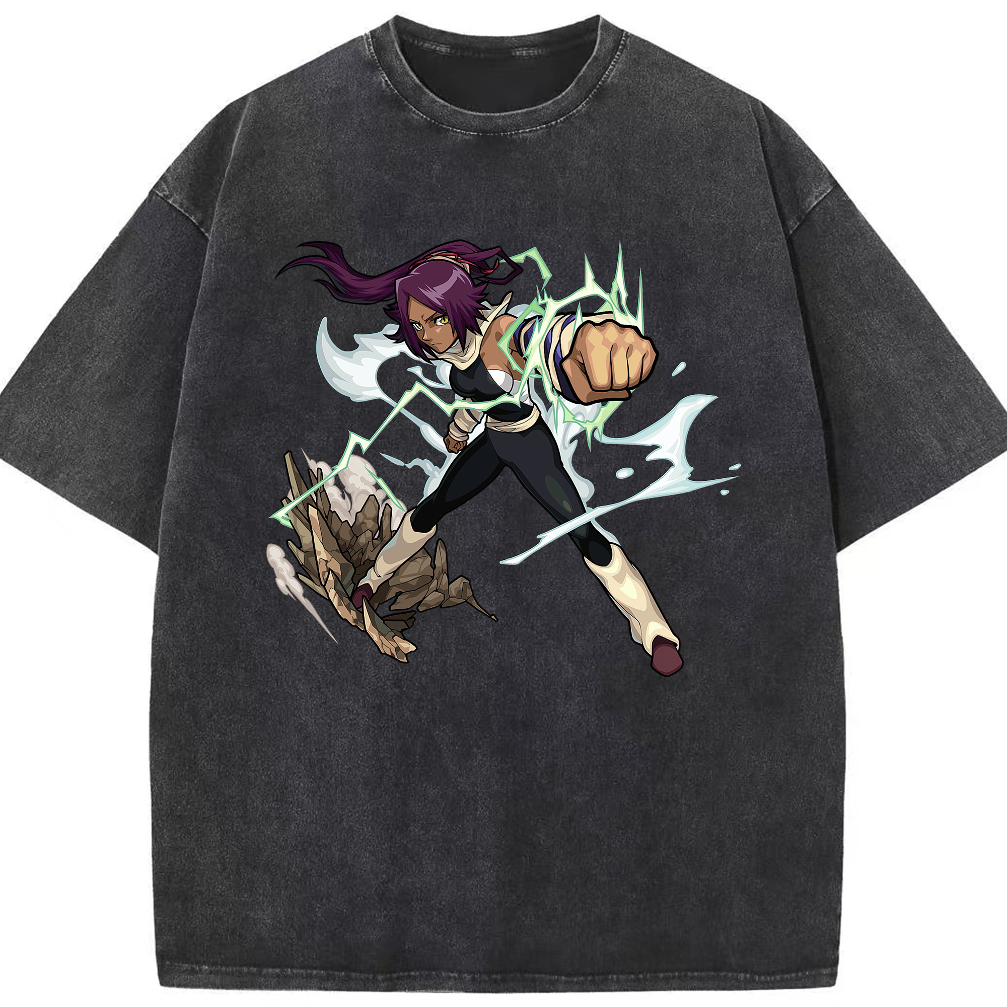 （画像用） ブリーチ 四楓院 夜一（しほういん よるいち） BLEACH Shihouin Yoruichi 綿100% ヴィンテージ風 半袖Tシャツ（フロントプリント）