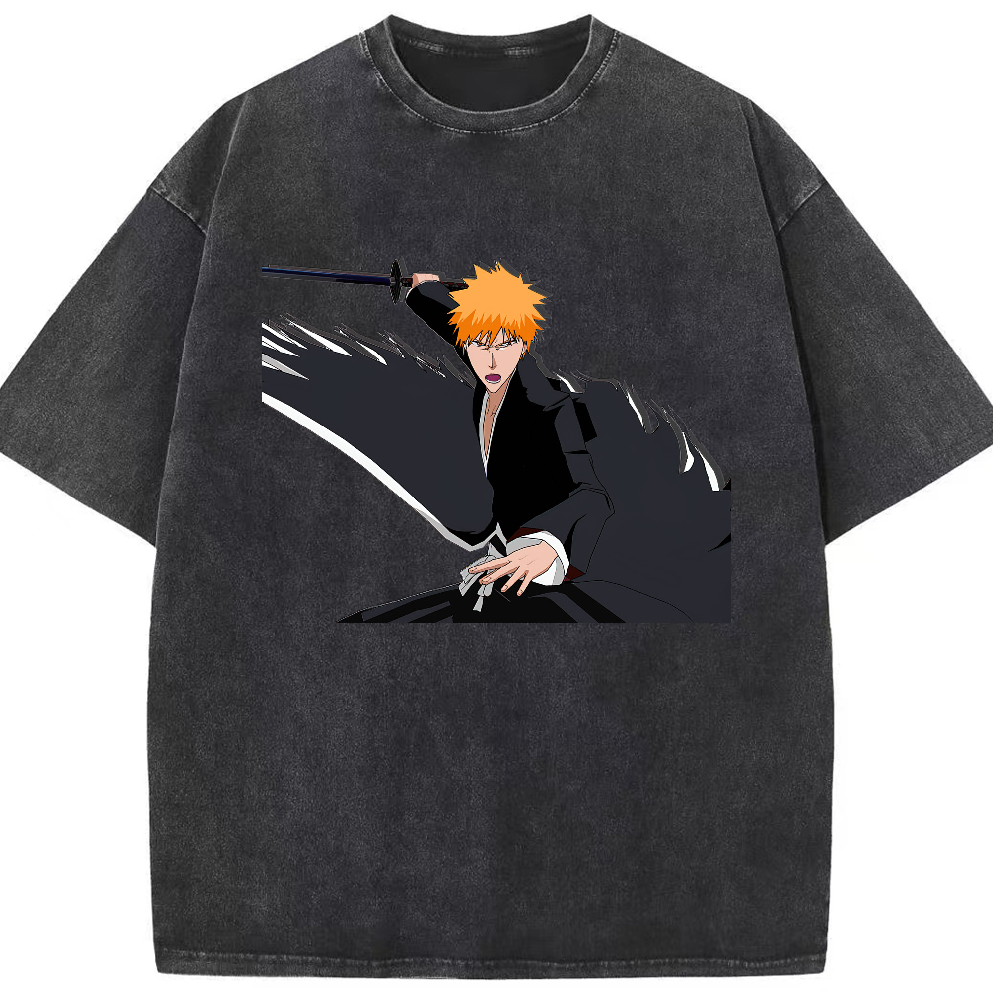 （画像用） ブリーチ 黒崎一護（くろさき いちご）BLEACH Kurosaki Ichigo 綿100% ヴィンテージ風 半袖Tシャツ（フロントプリント）