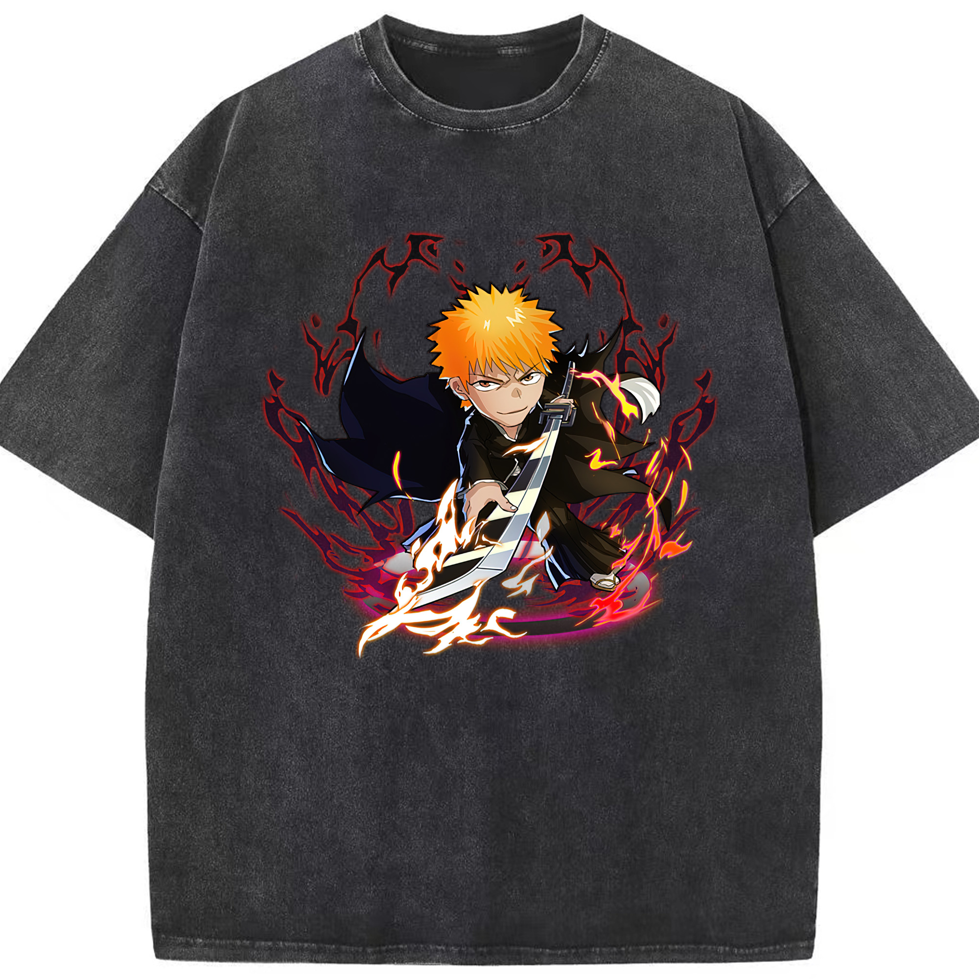 （画像用） ブリーチ 黒崎一護（くろさき いちご）BLEACH Kurosaki Ichigo 綿100% ヴィンテージ風 半袖Tシャツ（フロントプリント）