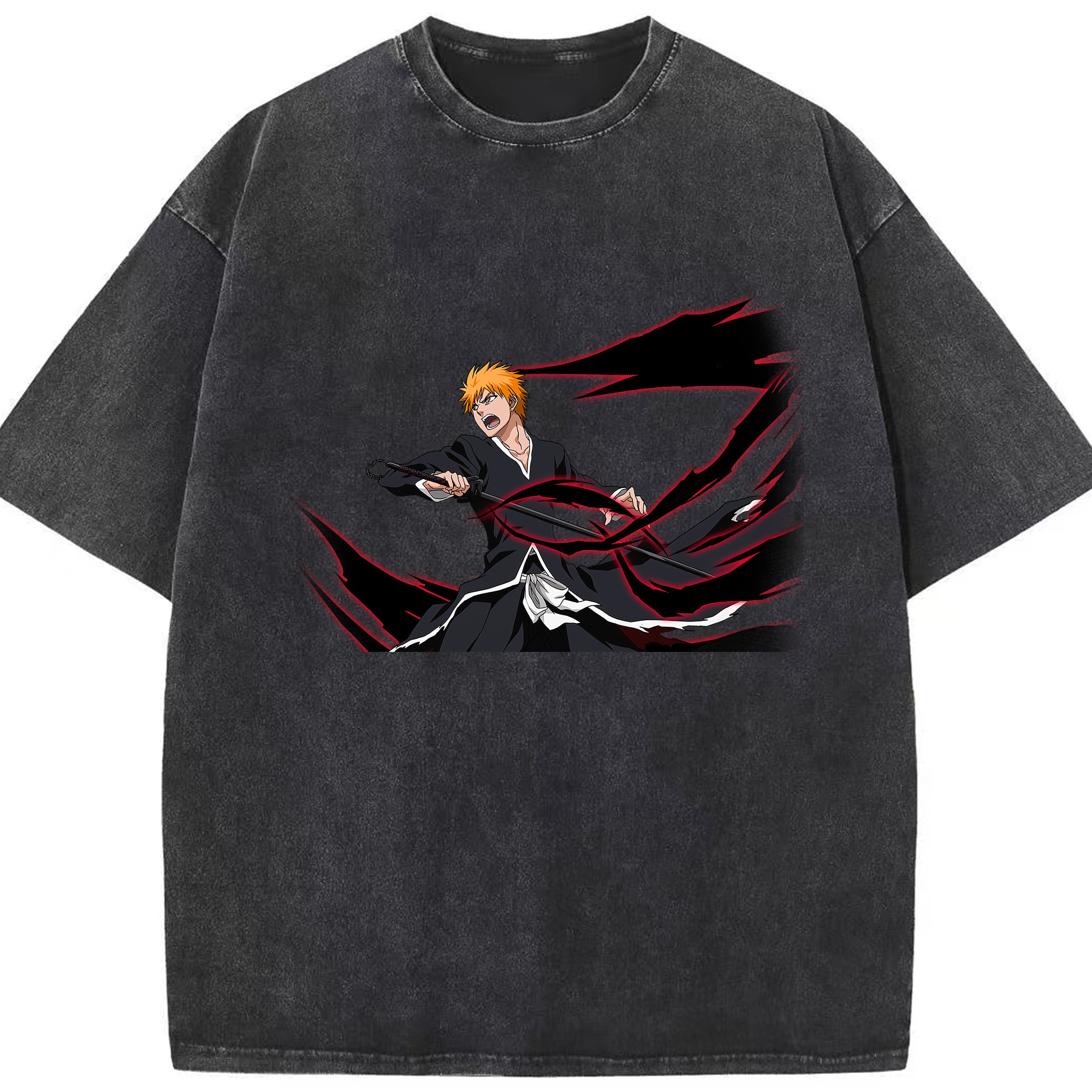 （画像用） ブリーチ 黒崎一護（くろさき いちご）BLEACH Kurosaki Ichigo 綿100% ヴィンテージ風 半袖Tシャツ（フロントプリント）