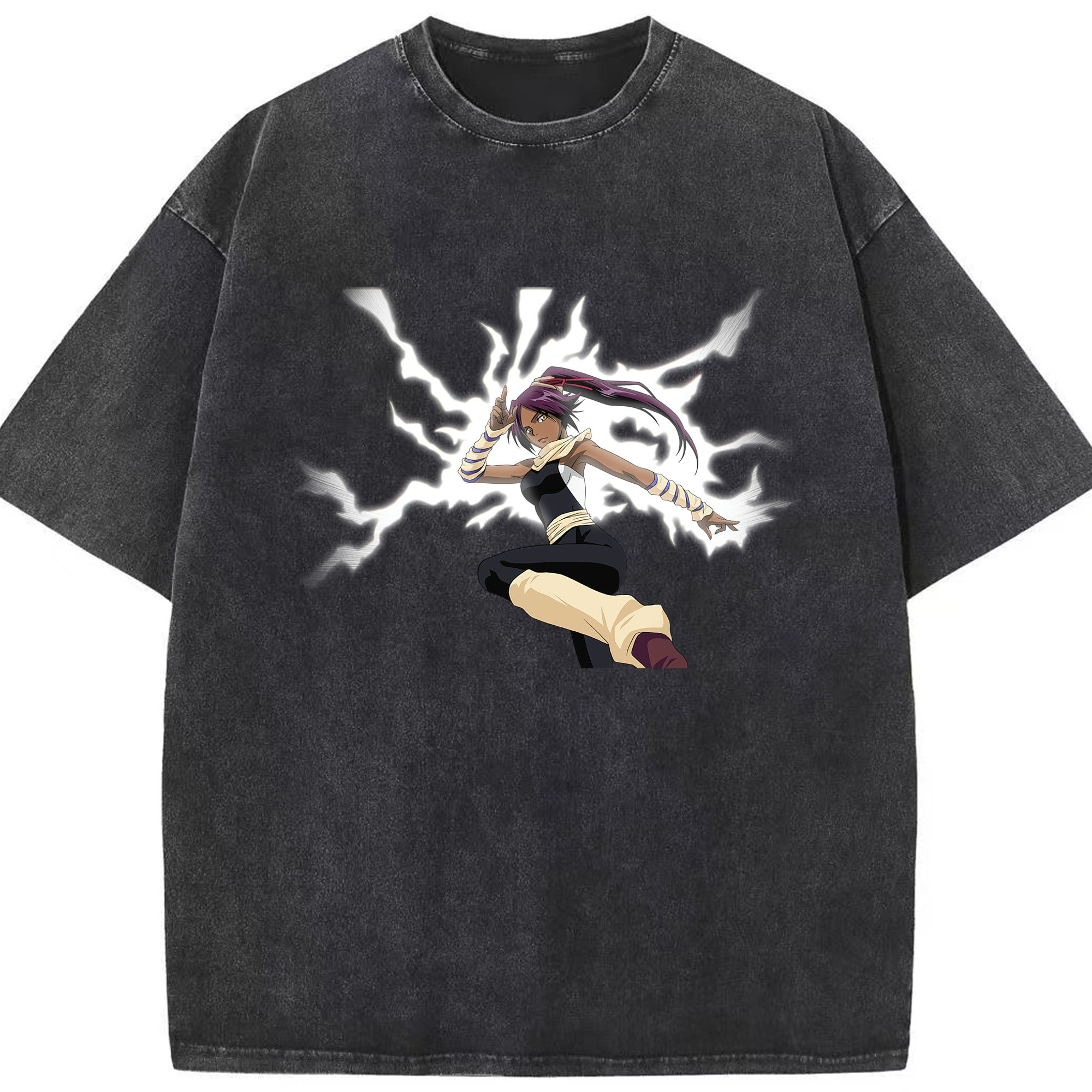（画像用） ブリーチ 四楓院 夜一（しほういん よるいち） BLEACH Shihouin Yoruichi 綿100% ヴィンテージ風 半袖Tシャツ（フロントプリント）