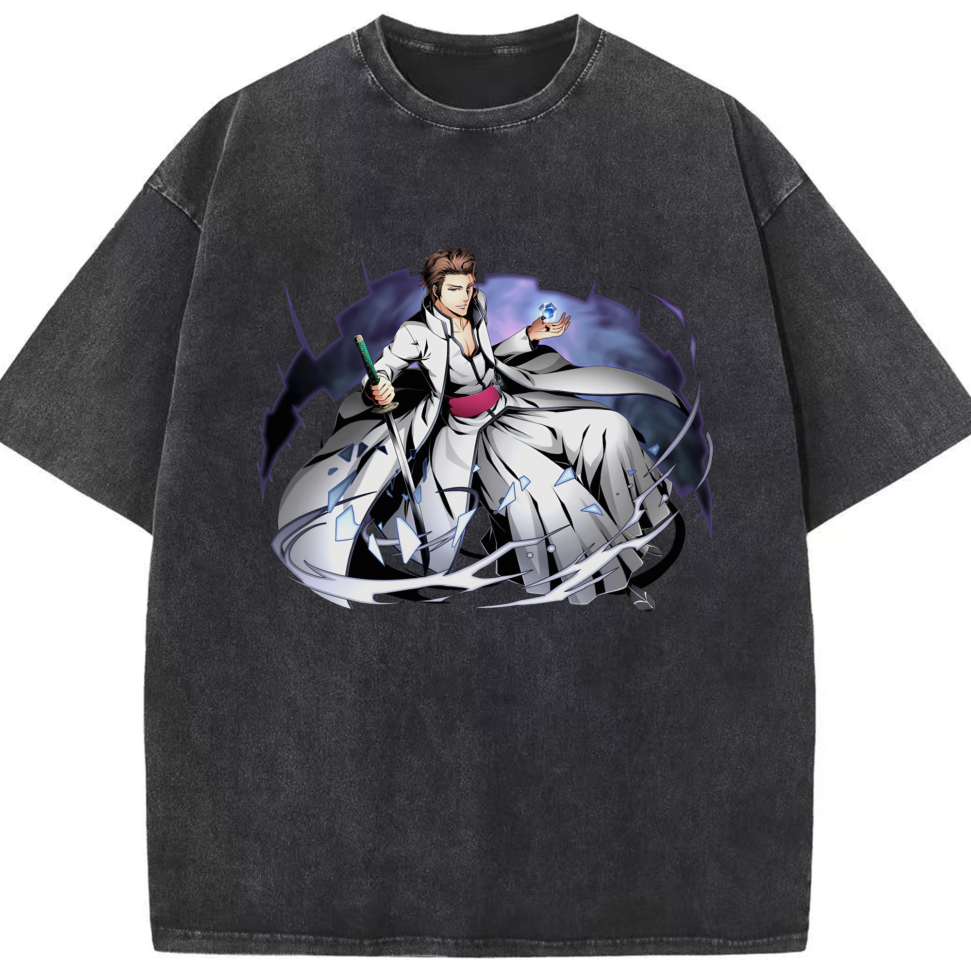 （画像用） ブリーチ 藍染 惣右介（あいぜん そうすけ） BLEACH Aizen Sousuke 綿100% ヴィンテージ風 半袖Tシャツ（フロントプリント）