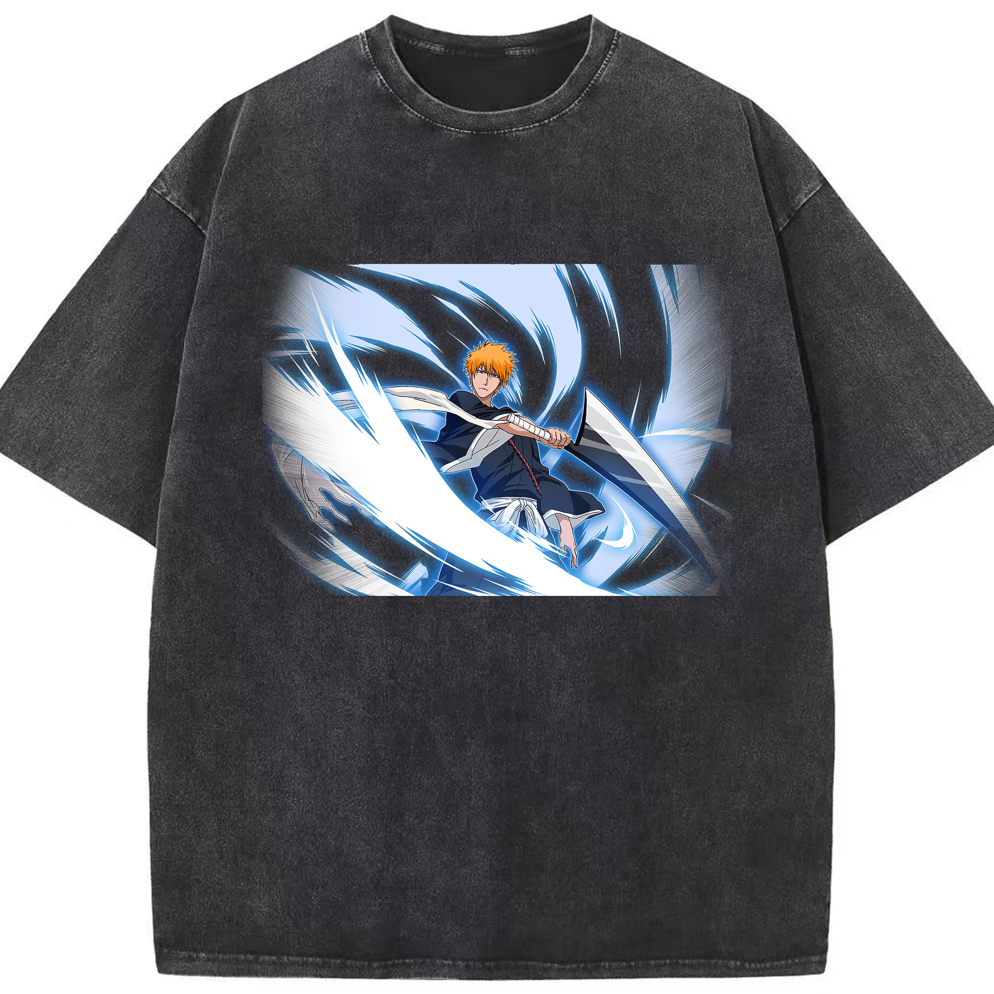 （画像用） ブリーチ 黒崎一護（くろさき いちご）BLEACH Kurosaki Ichigo 綿100% ヴィンテージ風 半袖Tシャツ（フロントプリント）