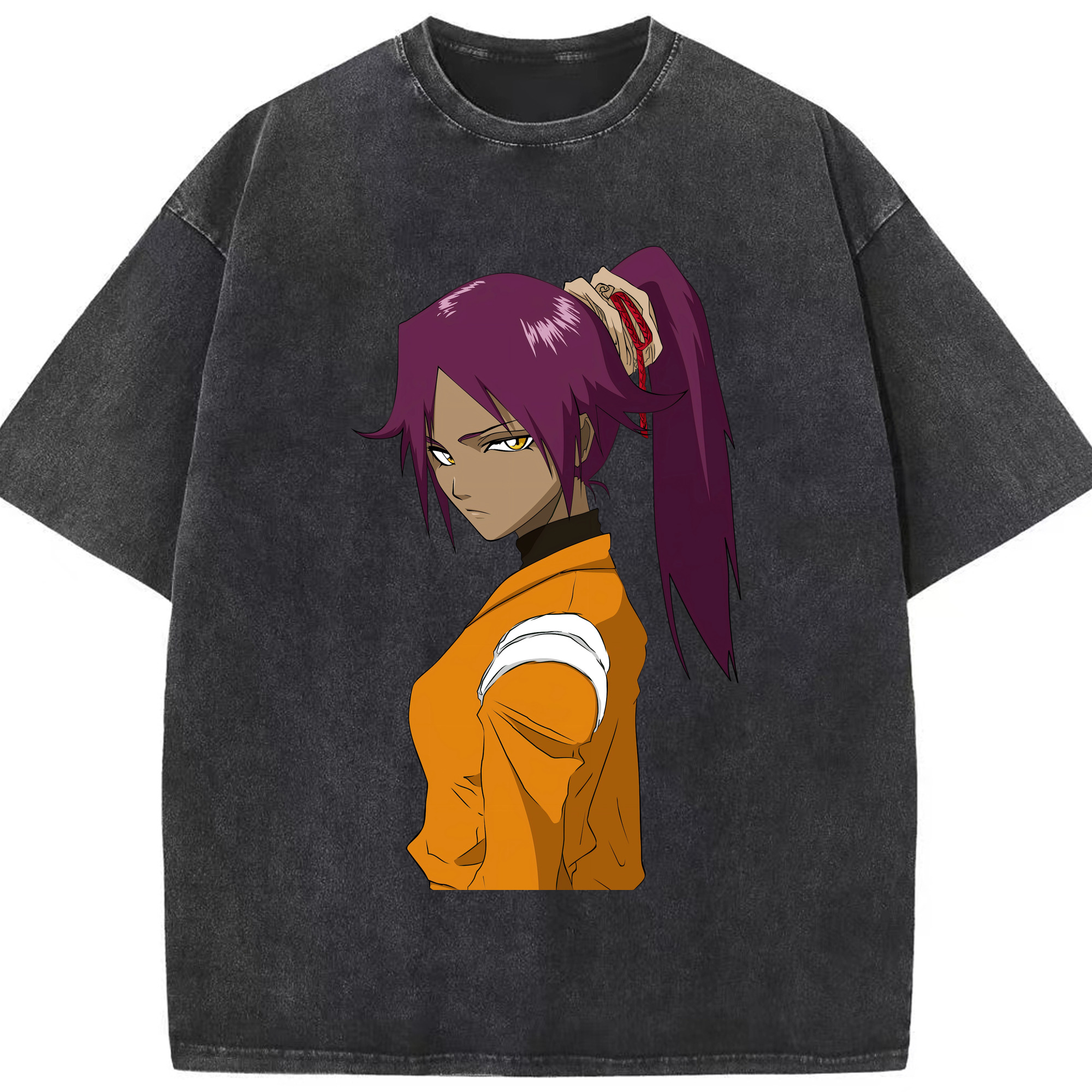 （画像用） ブリーチ 四楓院 夜一（しほういん よるいち） BLEACH Shihouin Yoruichi 綿100% ヴィンテージ風 半袖Tシャツ（フロントプリント）