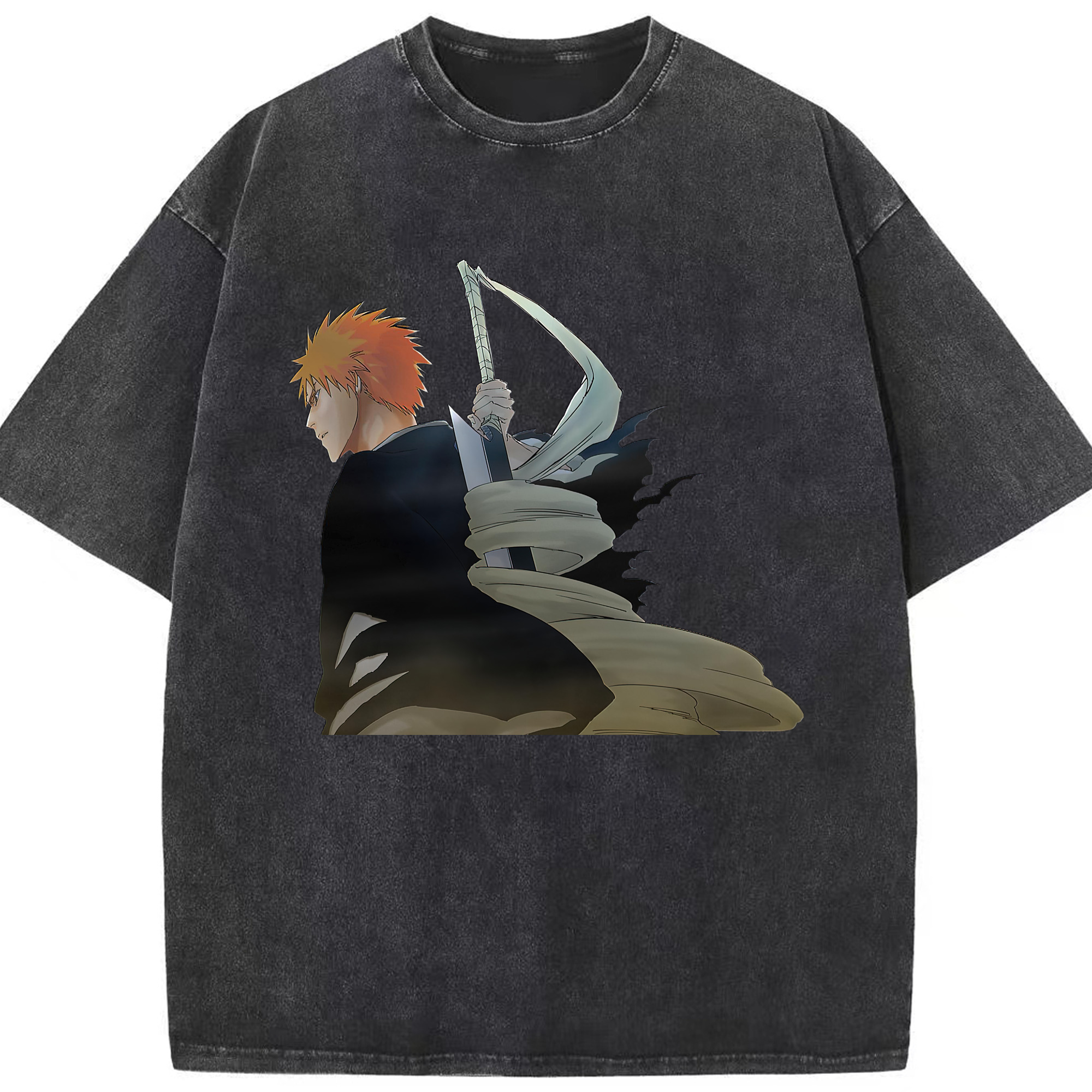 （画像用） ブリーチ 黒崎一護（くろさき いちご）BLEACH Kurosaki Ichigo 綿100% ヴィンテージ風 半袖Tシャツ（フロントプリント）