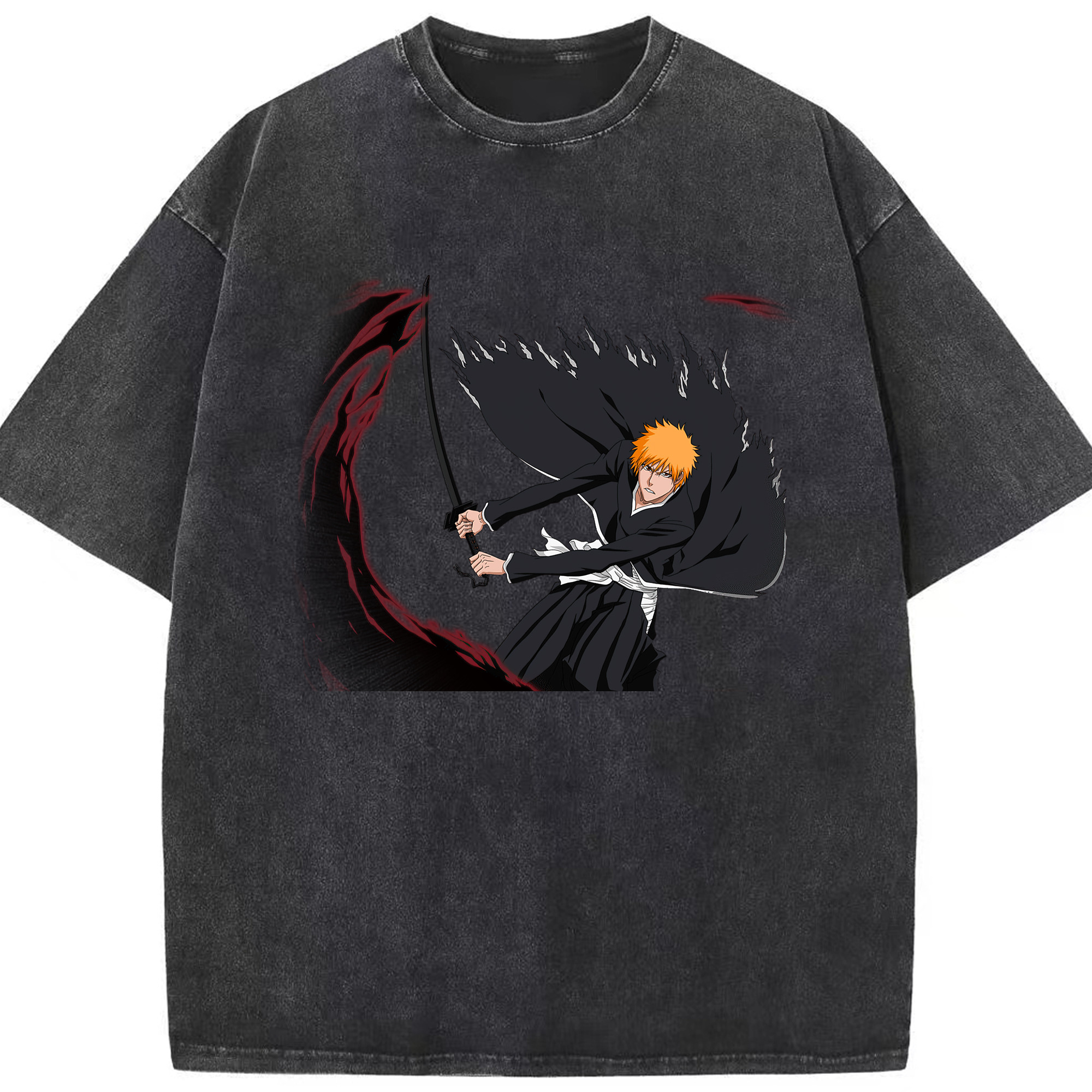 （画像用） ブリーチ 黒崎一護（くろさき いちご）BLEACH Kurosaki Ichigo 綿100% ヴィンテージ風 半袖Tシャツ（フロントプリント）
