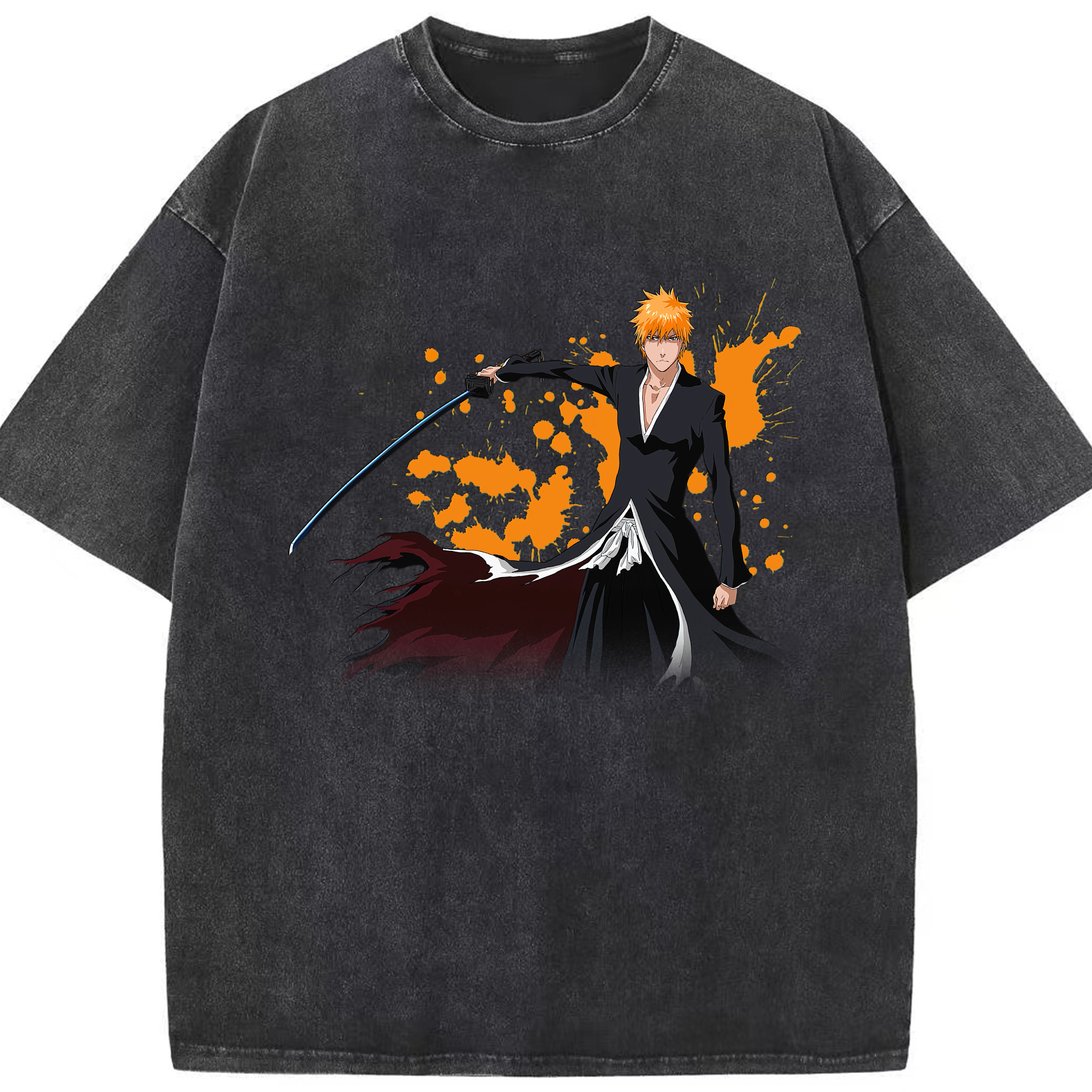 （画像用） ブリーチ 黒崎一護（くろさき いちご）BLEACH Kurosaki Ichigo 綿100% ヴィンテージ風 半袖Tシャツ（フロントプリント）