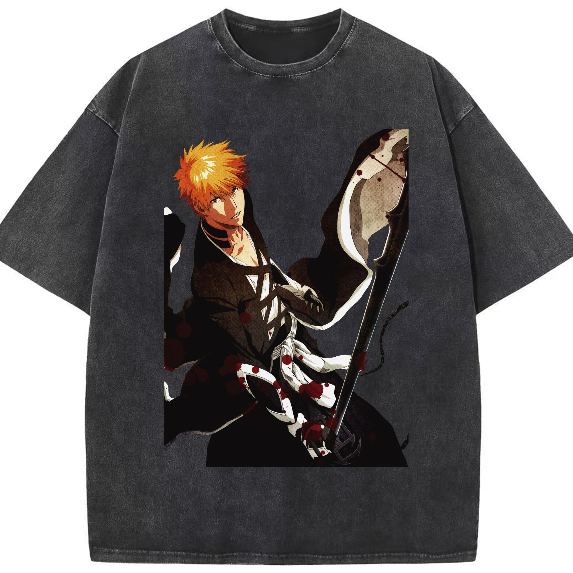 （画像用） ブリーチ 黒崎一護（くろさき いちご）BLEACH Kurosaki Ichigo 綿100% ヴィンテージ風 半袖Tシャツ（フロントプリント）