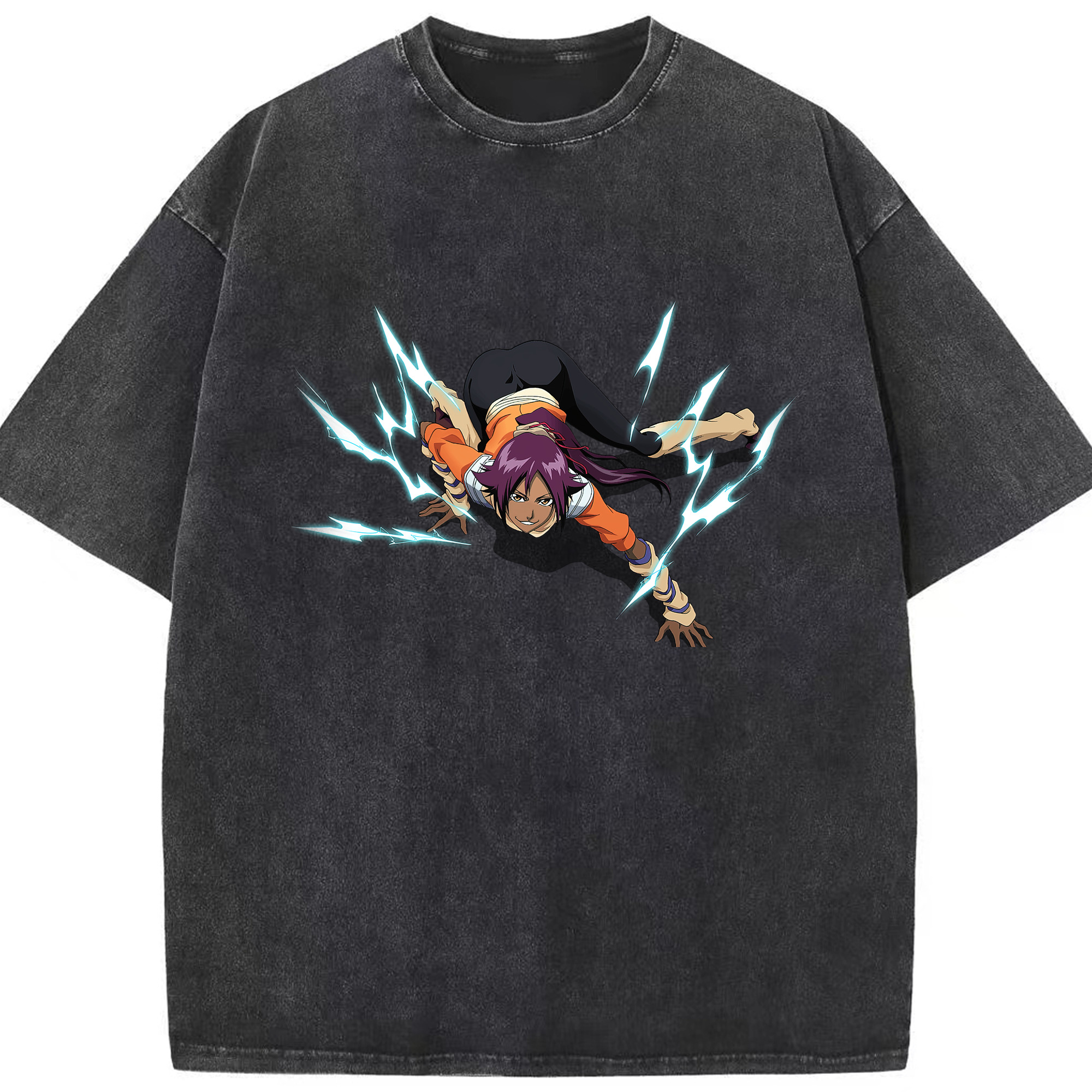 （画像用） ブリーチ 四楓院 夜一（しほういん よるいち） BLEACH Shihouin Yoruichi 綿100% ヴィンテージ風 半袖Tシャツ（フロントプリント）