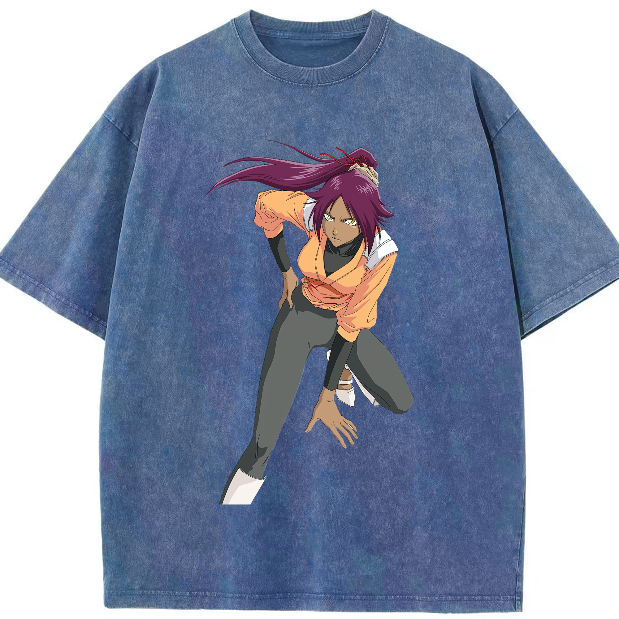 （画像用） ブリーチ 四楓院 夜一（しほういん よるいち） BLEACH Shihouin Yoruichi 綿100% ヴィンテージ風 半袖Tシャツ（フロントプリント）