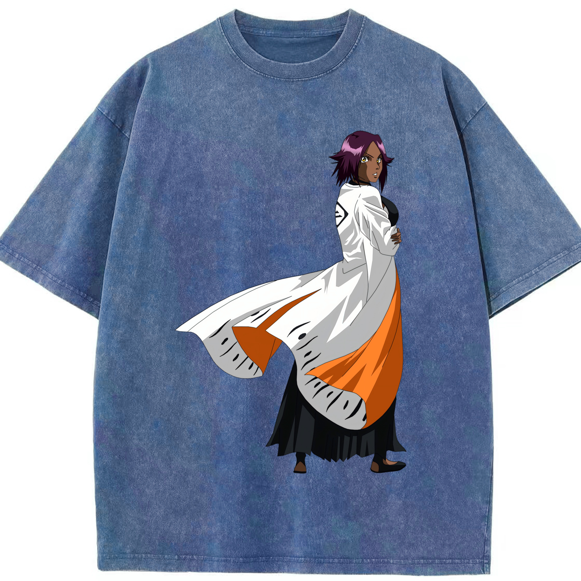 （画像用） ブリーチ 四楓院 夜一（しほういん よるいち） BLEACH Shihouin Yoruichi 綿100% ヴィンテージ風 半袖Tシャツ（フロントプリント）