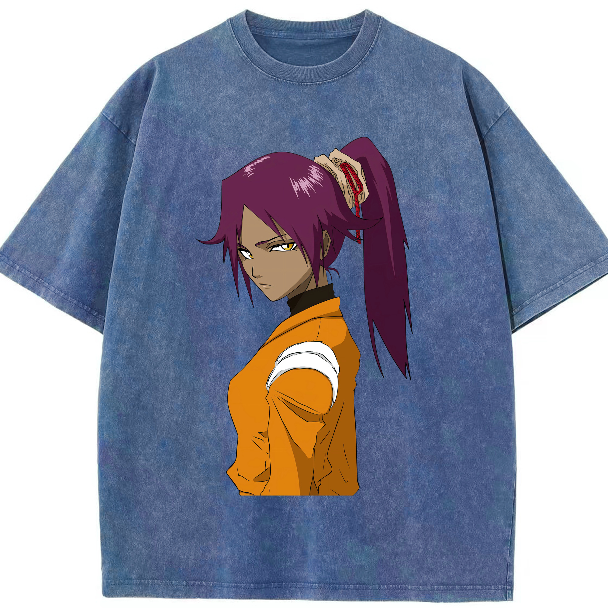 （画像用） ブリーチ 四楓院 夜一（しほういん よるいち） BLEACH Shihouin Yoruichi 綿100% ヴィンテージ風 半袖Tシャツ（フロントプリント）