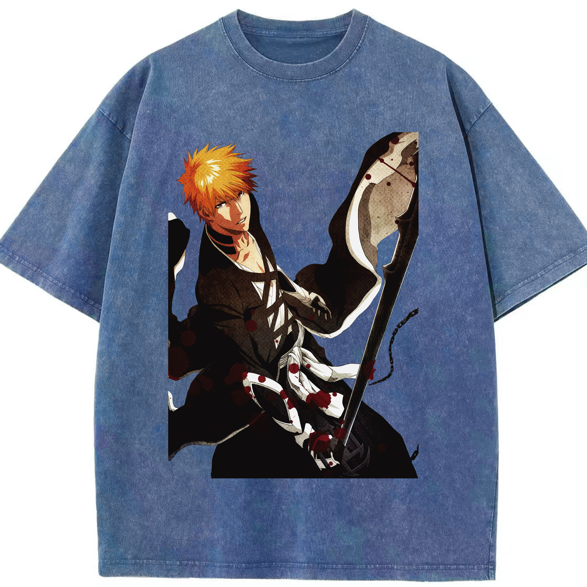 （画像用） ブリーチ 黒崎一護（くろさき いちご）BLEACH Kurosaki Ichigo 綿100% ヴィンテージ風 半袖Tシャツ（フロントプリント）