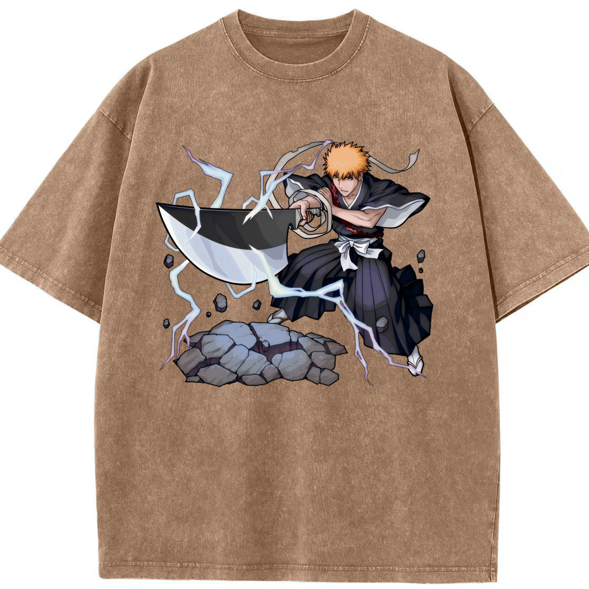 （画像用） ブリーチ 黒崎一護（くろさき いちご）BLEACH Kurosaki Ichigo 綿100% ヴィンテージ風 半袖Tシャツ（フロントプリント）