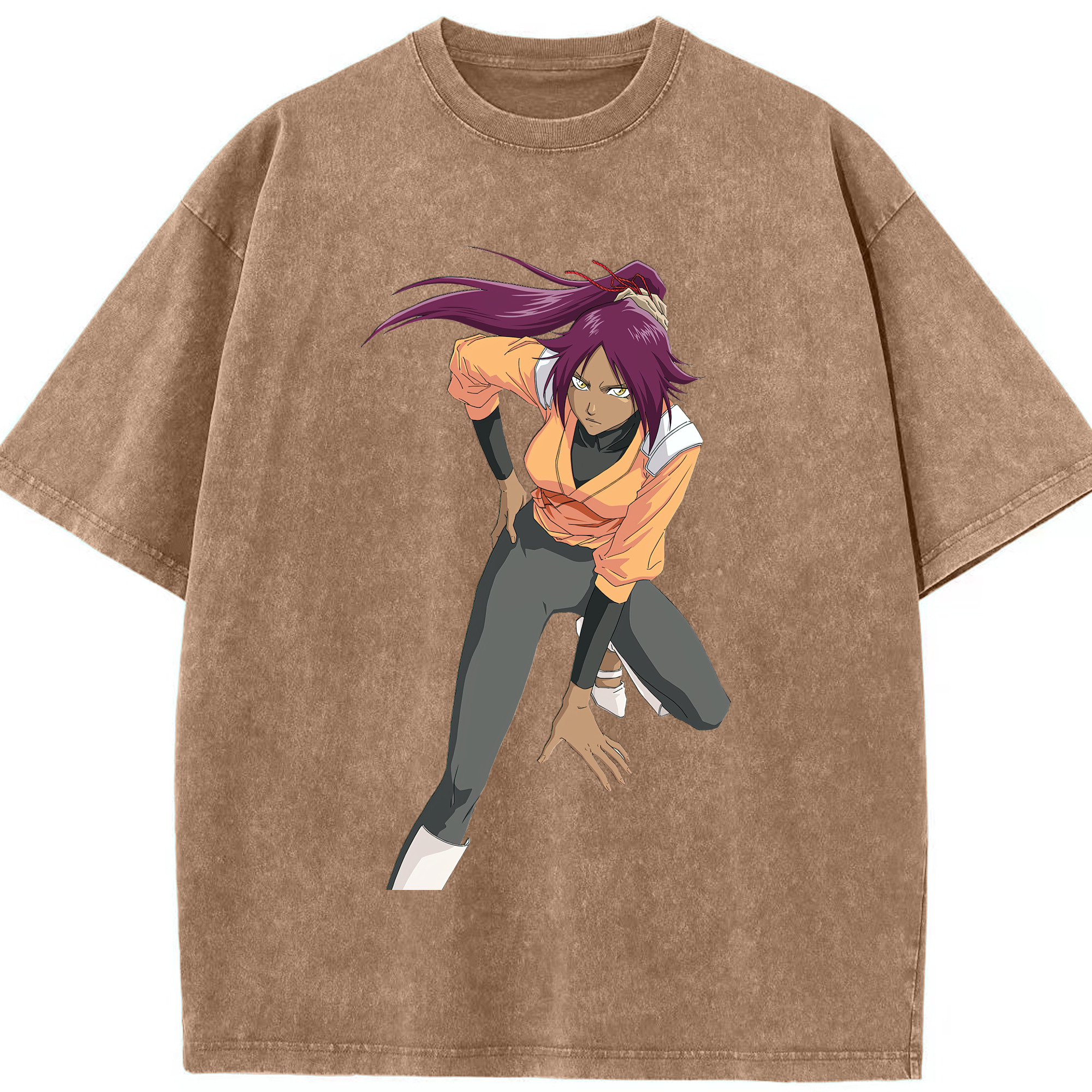 （画像用） ブリーチ 四楓院 夜一（しほういん よるいち） BLEACH Shihouin Yoruichi 綿100% ヴィンテージ風 半袖Tシャツ（フロントプリント）