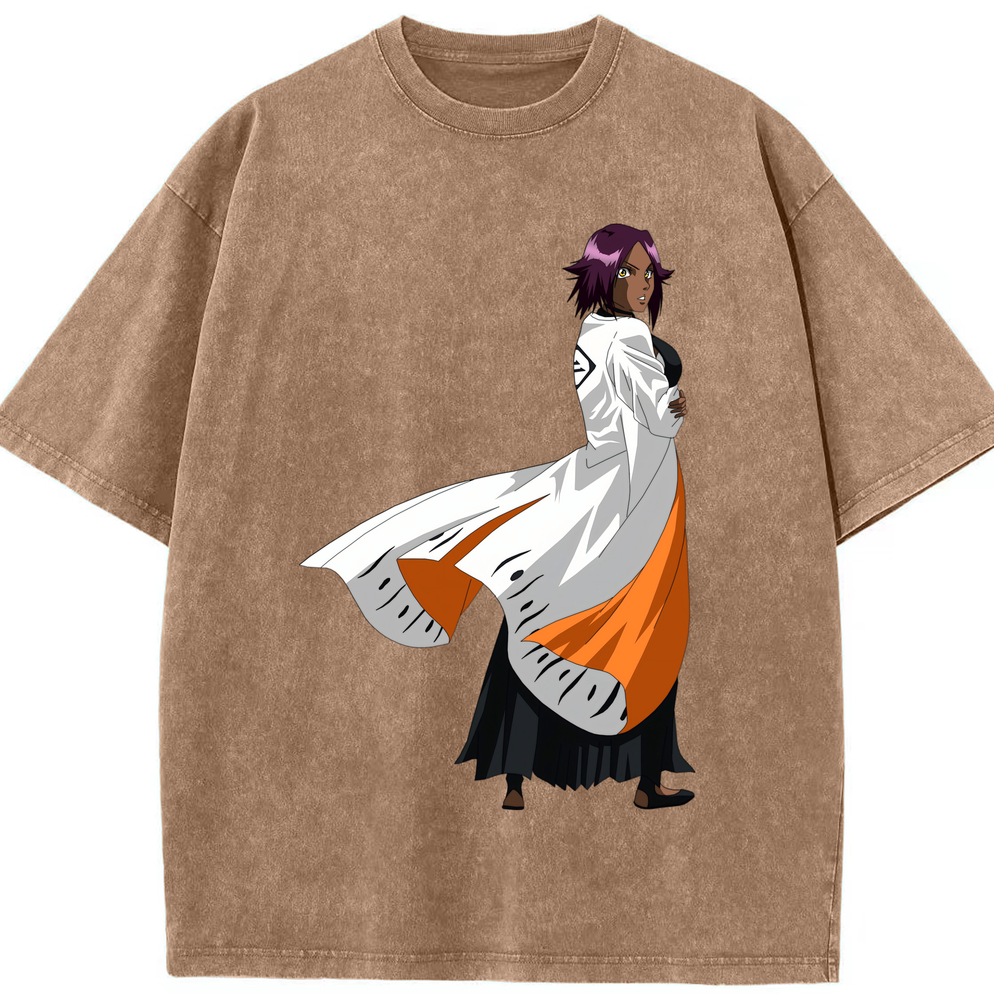（画像用） ブリーチ 四楓院 夜一（しほういん よるいち） BLEACH Shihouin Yoruichi 綿100% ヴィンテージ風 半袖Tシャツ（フロントプリント）