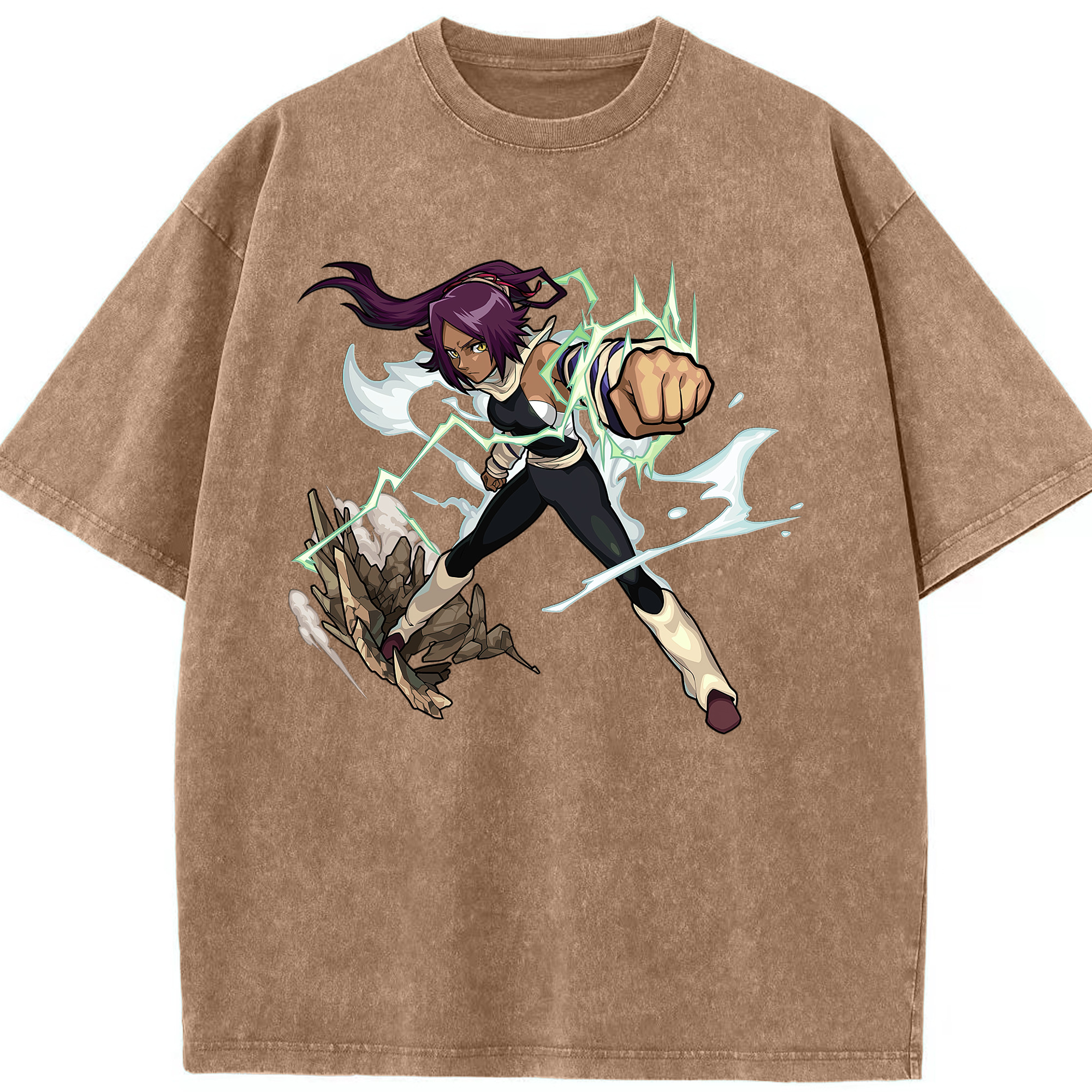 （画像用） ブリーチ 四楓院 夜一（しほういん よるいち） BLEACH Shihouin Yoruichi 綿100% ヴィンテージ風 半袖Tシャツ（フロントプリント）