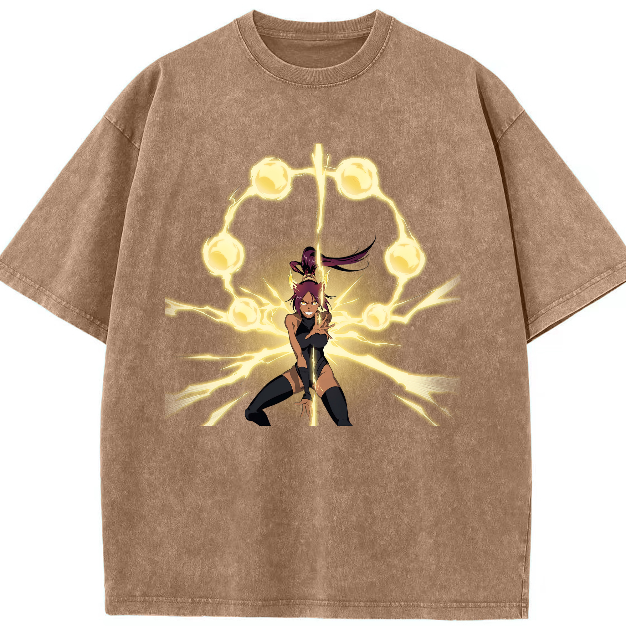 （画像用） ブリーチ 四楓院 夜一（しほういん よるいち） BLEACH Shihouin Yoruichi 綿100% ヴィンテージ風 半袖Tシャツ（フロントプリント）