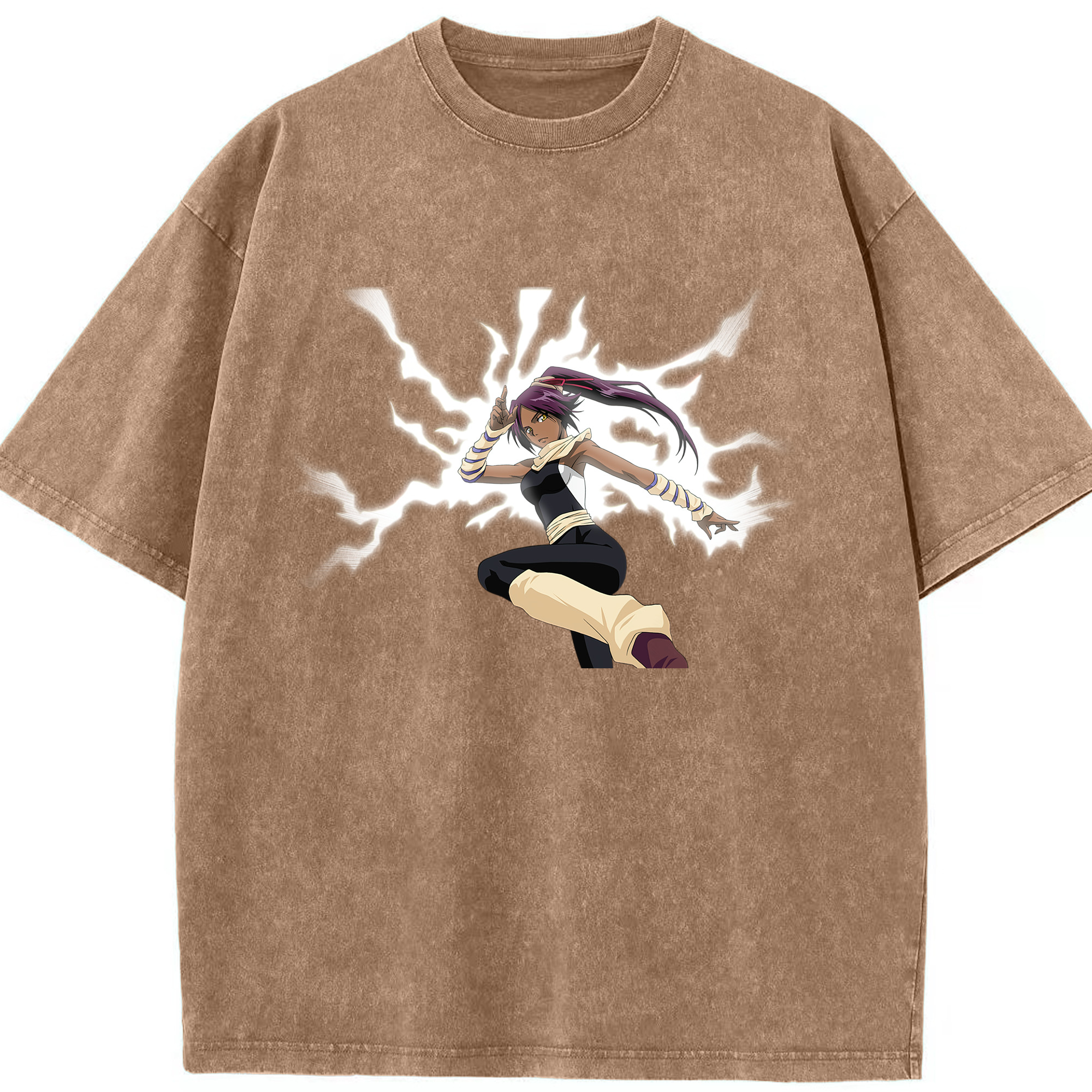 （画像用） ブリーチ 四楓院 夜一（しほういん よるいち） BLEACH Shihouin Yoruichi 綿100% ヴィンテージ風 半袖Tシャツ（フロントプリント）