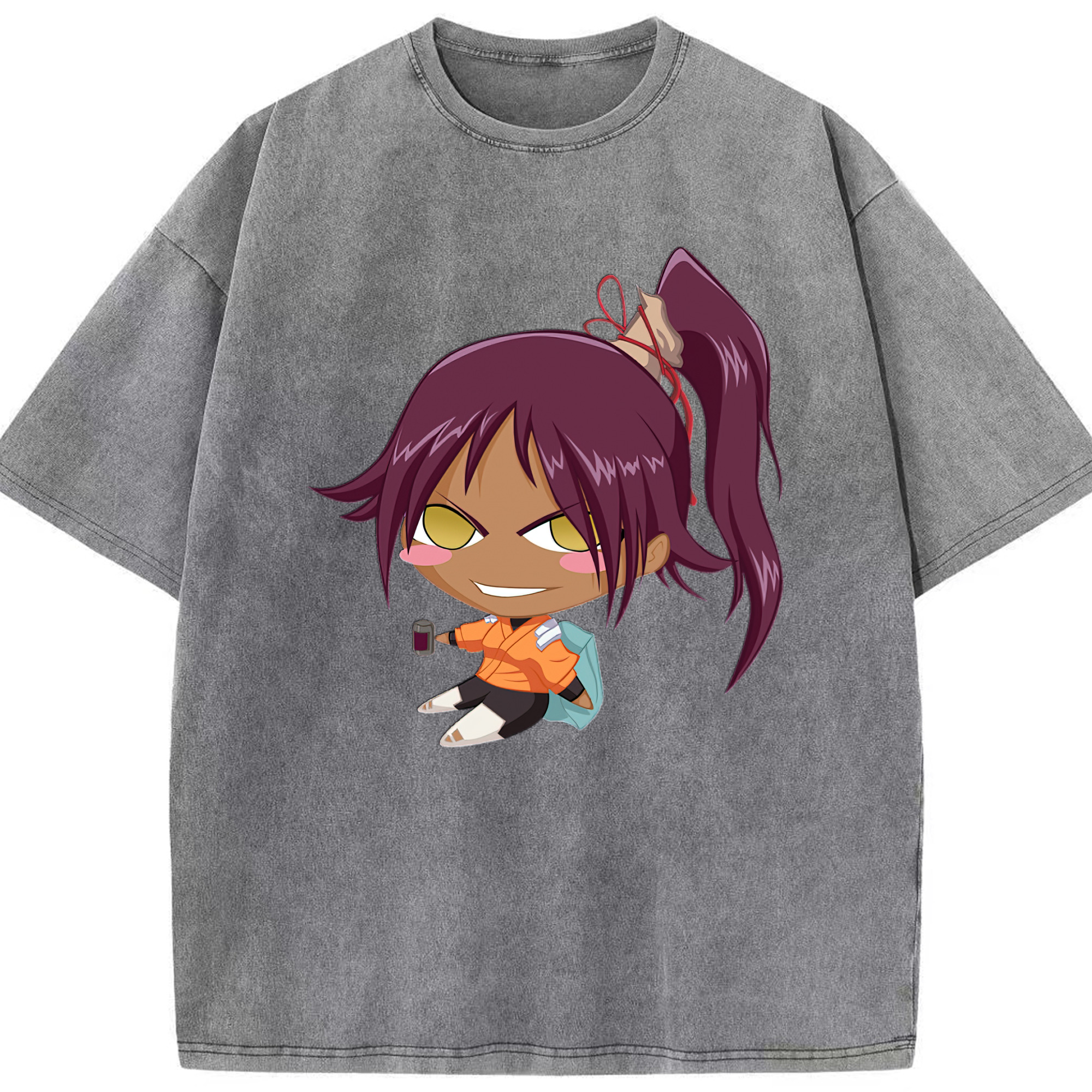 （画像用） ブリーチ 四楓院 夜一（しほういん よるいち） BLEACH Shihouin Yoruichi 綿100% ヴィンテージ風 半袖Tシャツ（フロントプリント）