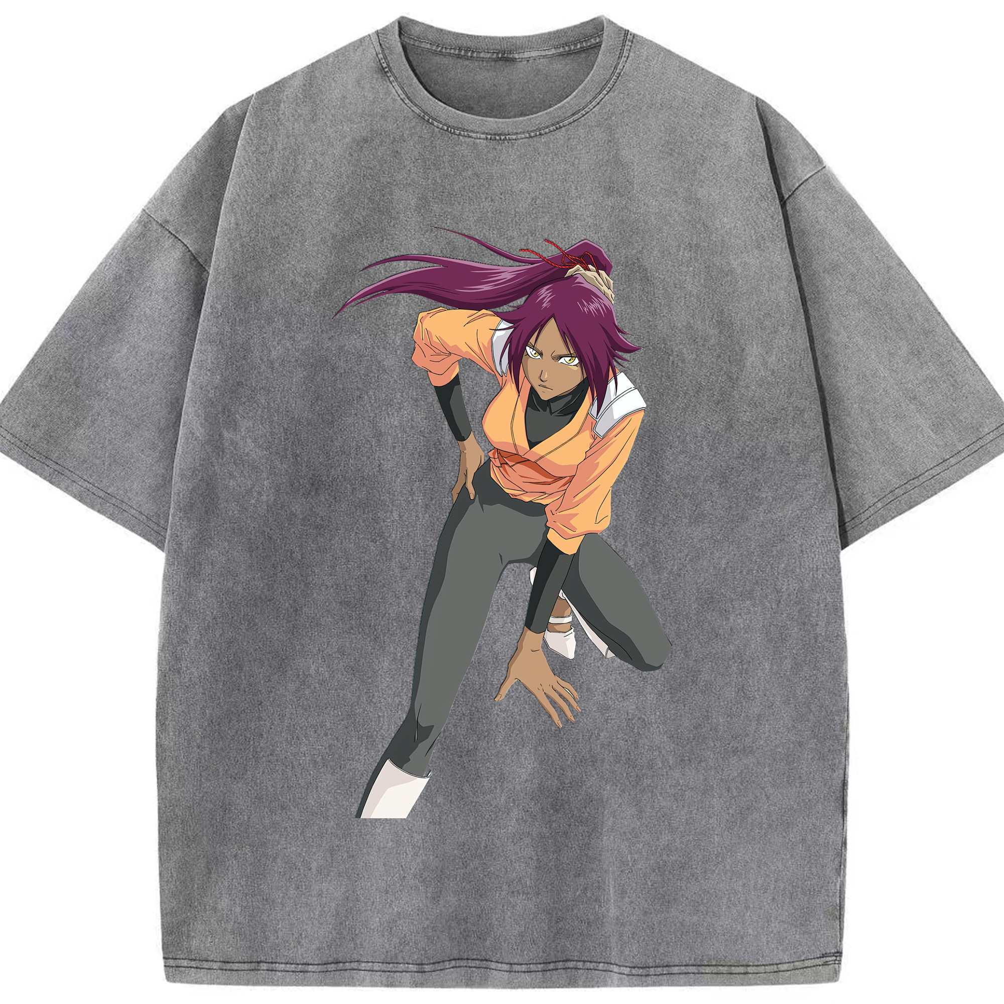 （画像用） ブリーチ 四楓院 夜一（しほういん よるいち） BLEACH Shihouin Yoruichi 綿100% ヴィンテージ風 半袖Tシャツ（フロントプリント）