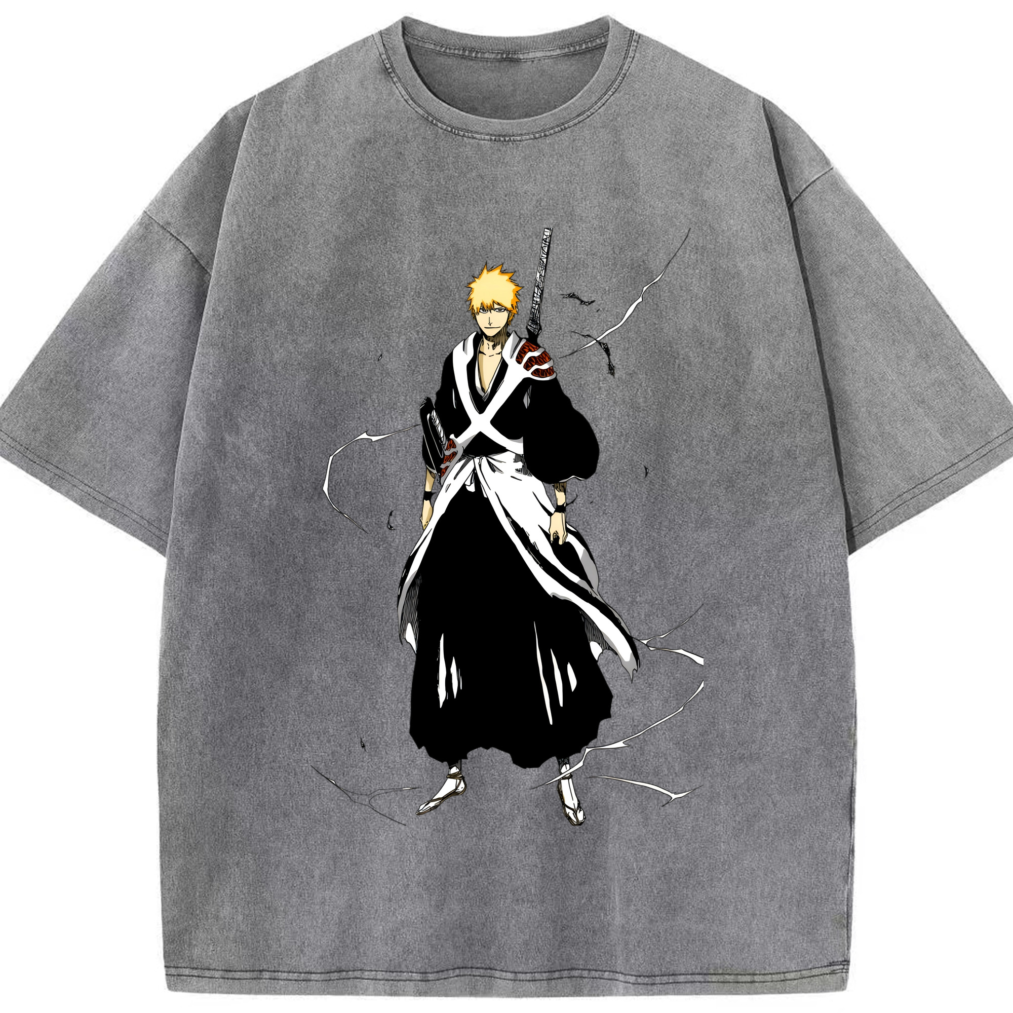 （画像用） ブリーチ 黒崎一護（くろさき いちご）BLEACH Kurosaki Ichigo 綿100% ヴィンテージ風 半袖Tシャツ（フロントプリント）