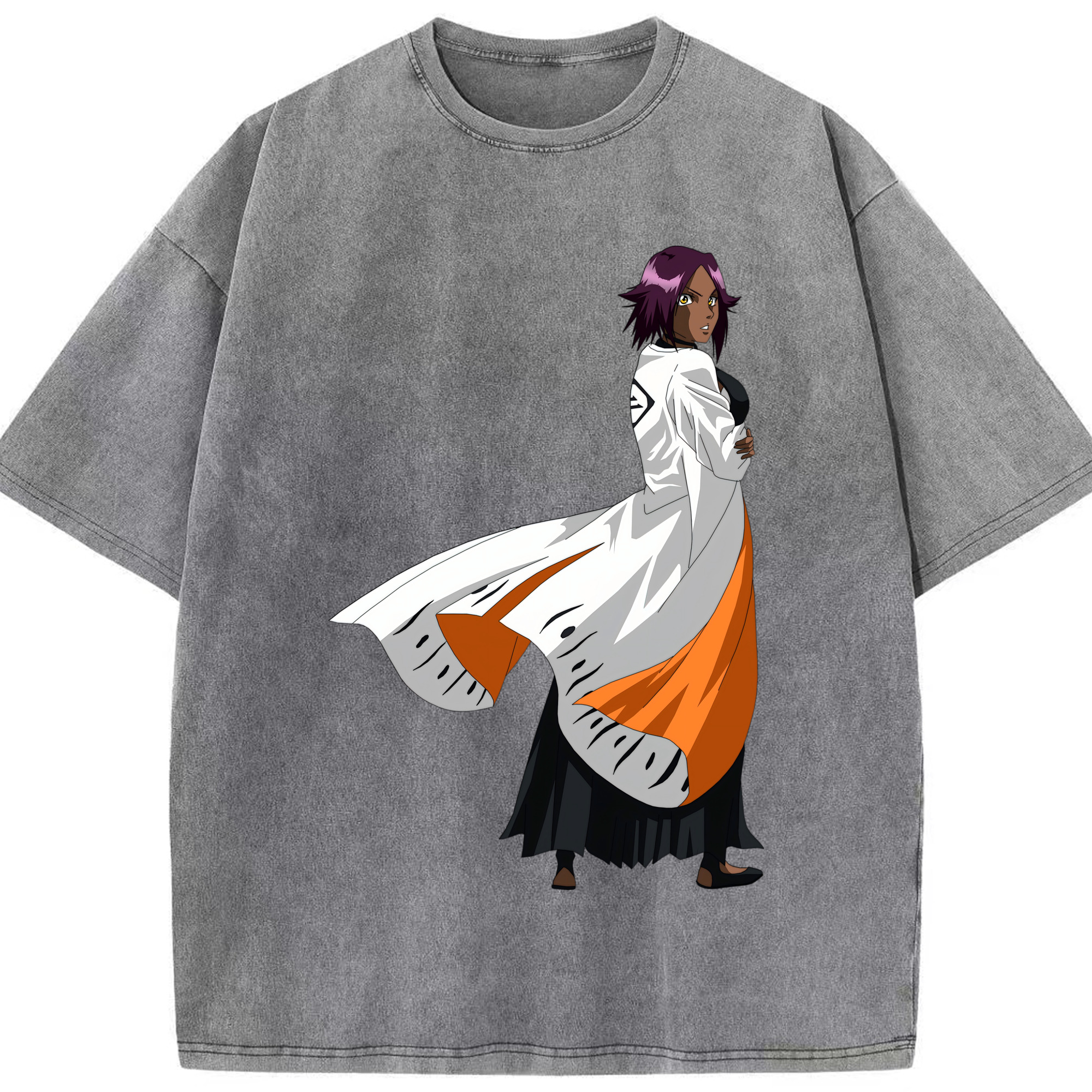 （画像用） ブリーチ 四楓院 夜一（しほういん よるいち） BLEACH Shihouin Yoruichi 綿100% ヴィンテージ風 半袖Tシャツ（フロントプリント）