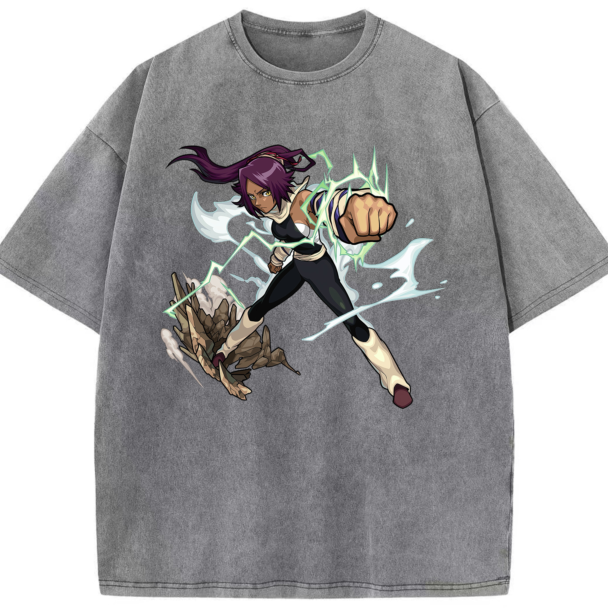 （画像用） ブリーチ 四楓院 夜一（しほういん よるいち） BLEACH Shihouin Yoruichi 綿100% ヴィンテージ風 半袖Tシャツ（フロントプリント）