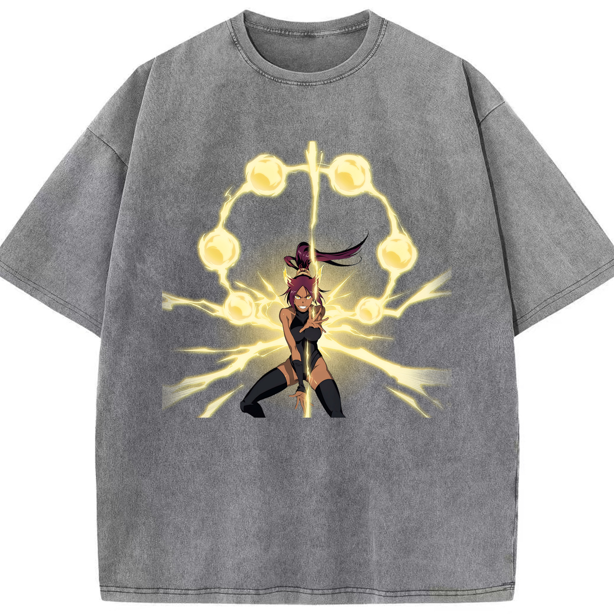 （画像用） ブリーチ 四楓院 夜一（しほういん よるいち） BLEACH Shihouin Yoruichi 綿100% ヴィンテージ風 半袖Tシャツ（フロントプリント）