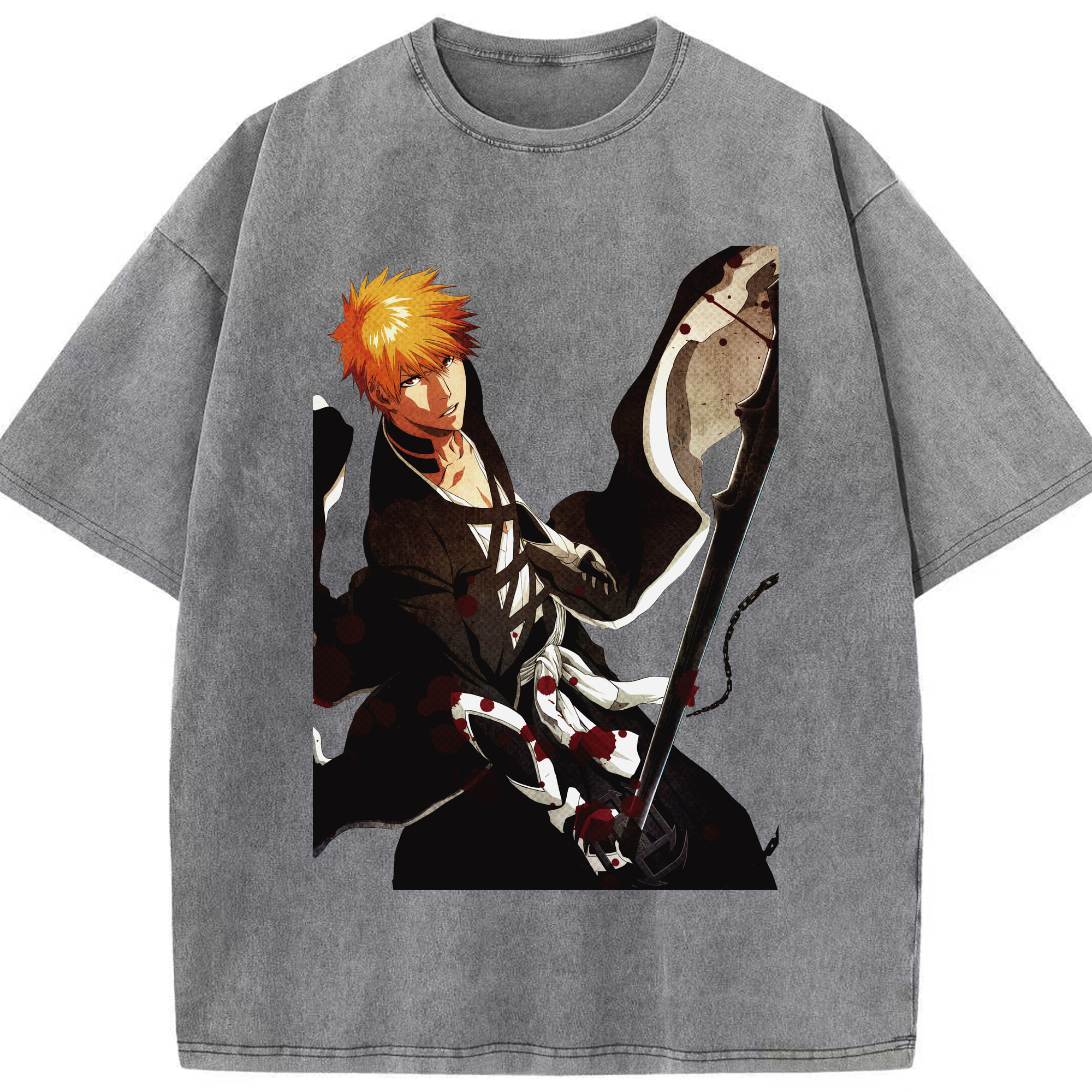 （画像用） ブリーチ 黒崎一護（くろさき いちご）BLEACH Kurosaki Ichigo 綿100% ヴィンテージ風 半袖Tシャツ（フロントプリント）