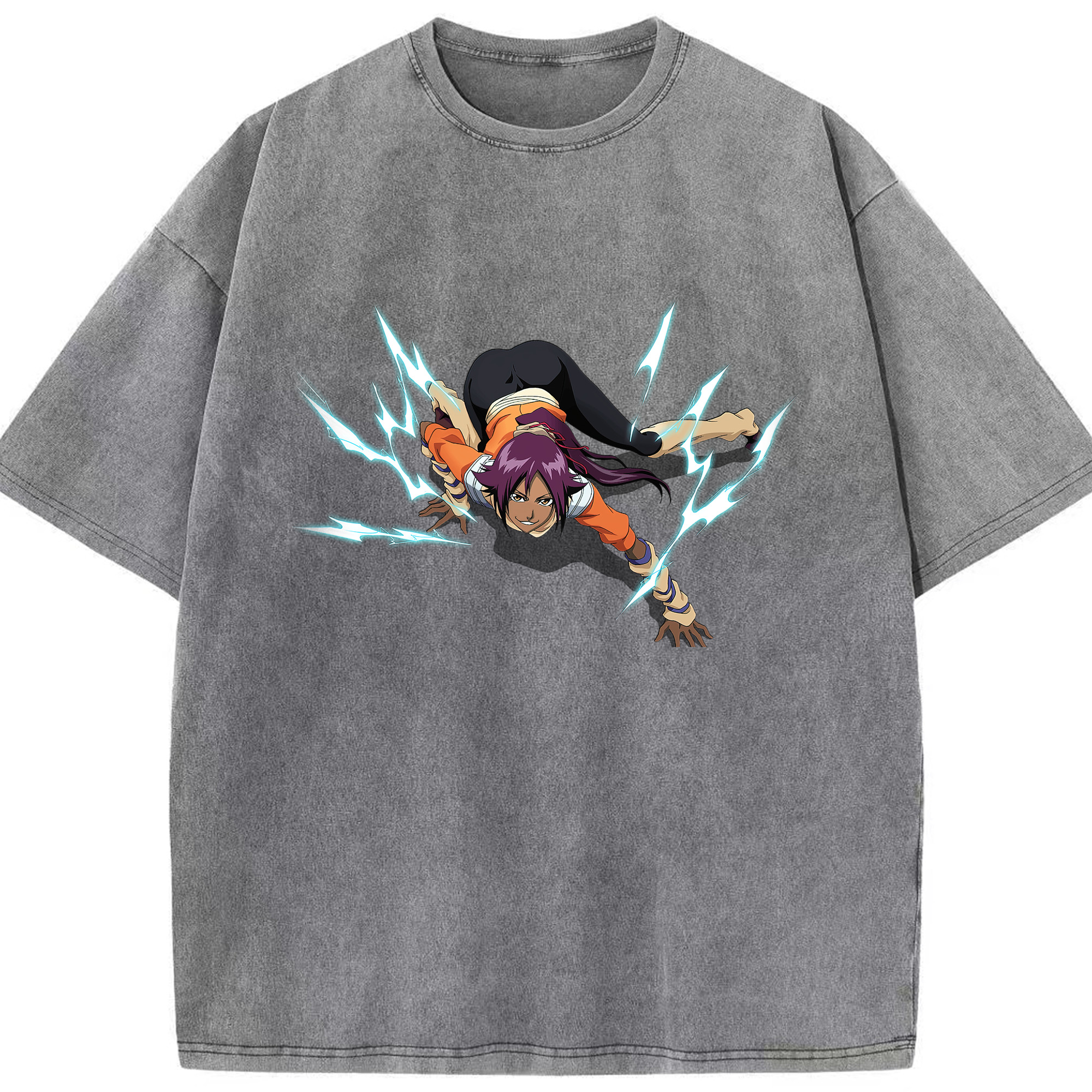 （画像用） ブリーチ 四楓院 夜一（しほういん よるいち） BLEACH Shihouin Yoruichi 綿100% ヴィンテージ風 半袖Tシャツ（フロントプリント）