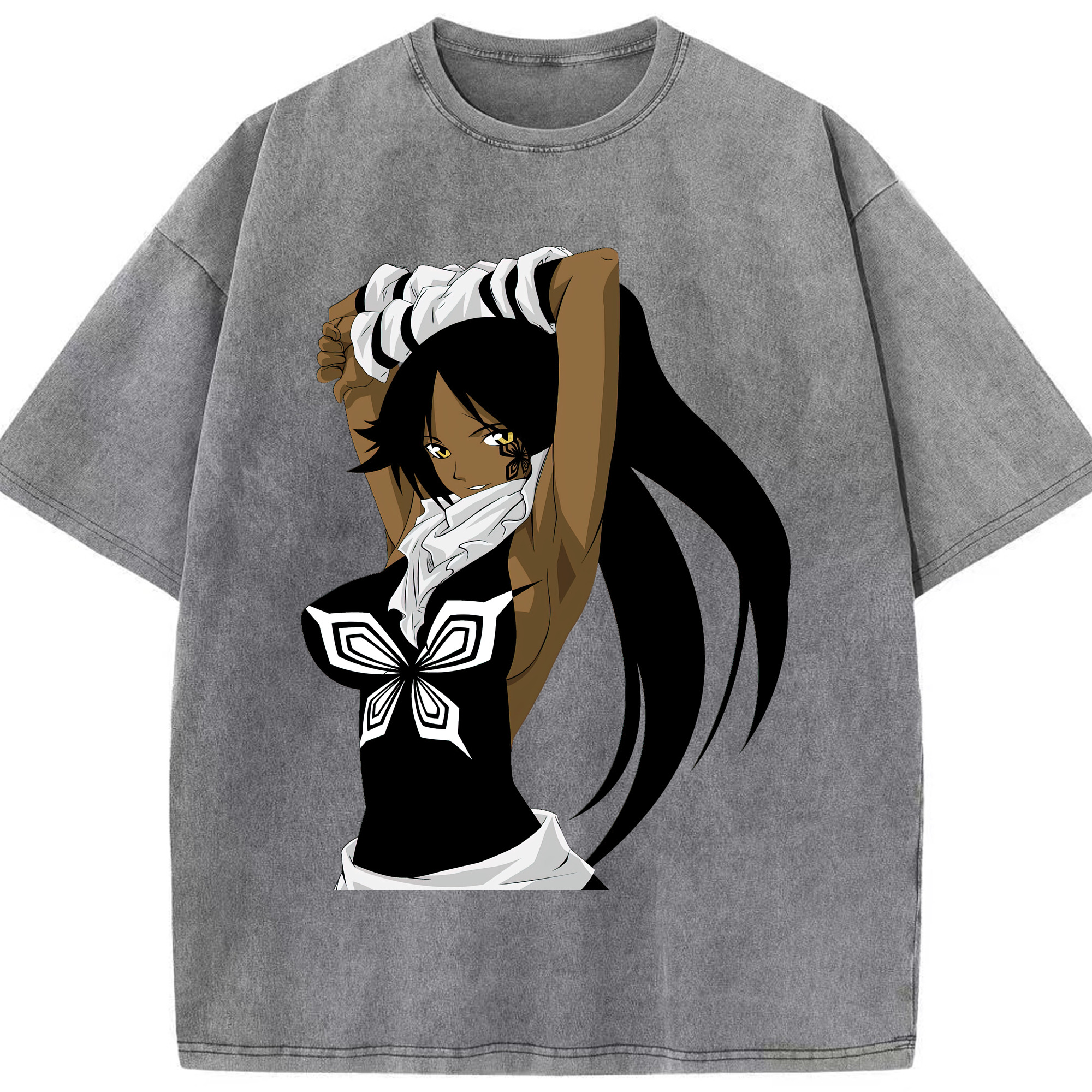（画像用） ブリーチ 四楓院 夜一（しほういん よるいち） BLEACH Shihouin Yoruichi 綿100% ヴィンテージ風 半袖Tシャツ（フロントプリント）