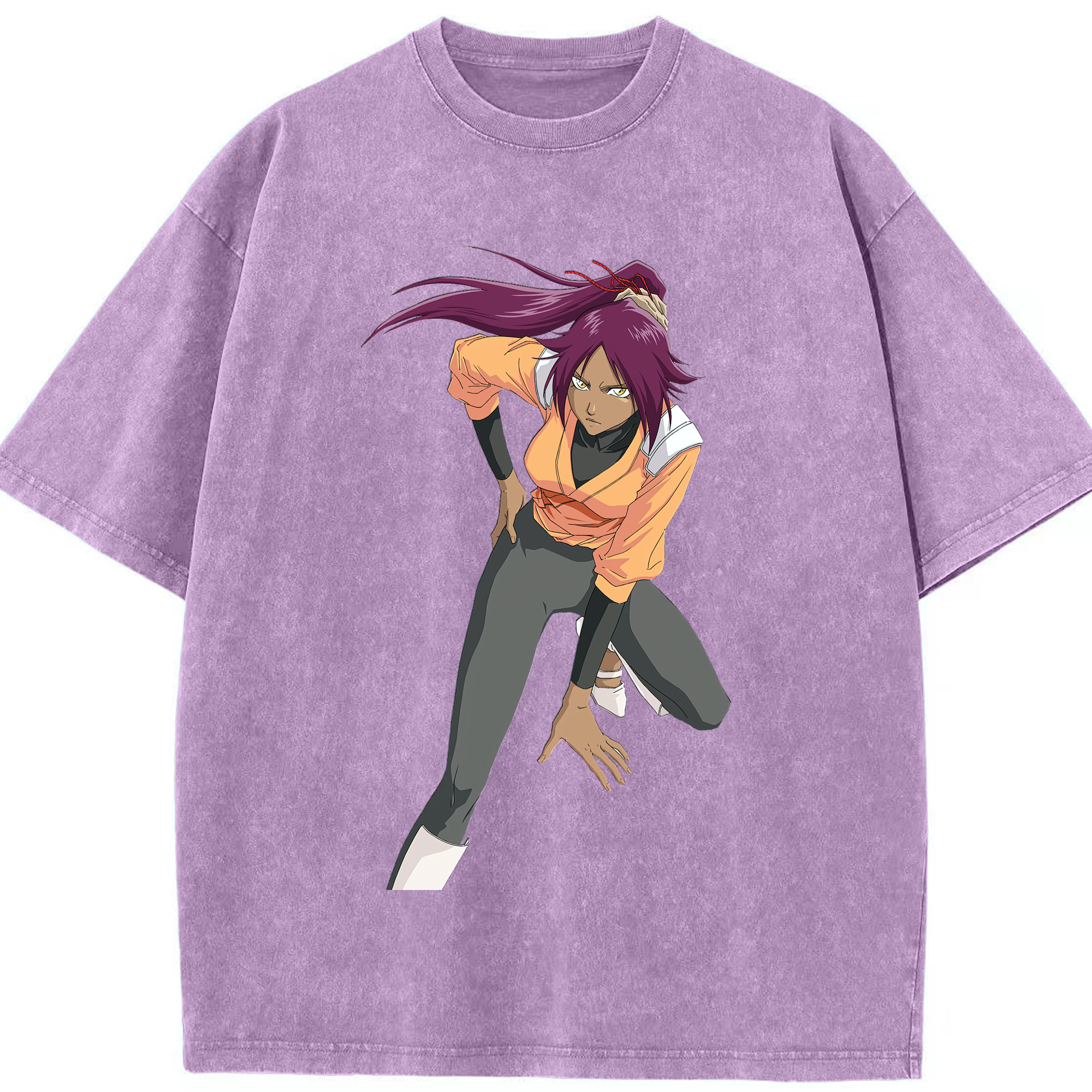 （画像用） ブリーチ 四楓院 夜一（しほういん よるいち） BLEACH Shihouin Yoruichi 綿100% ヴィンテージ風 半袖Tシャツ（フロントプリント）